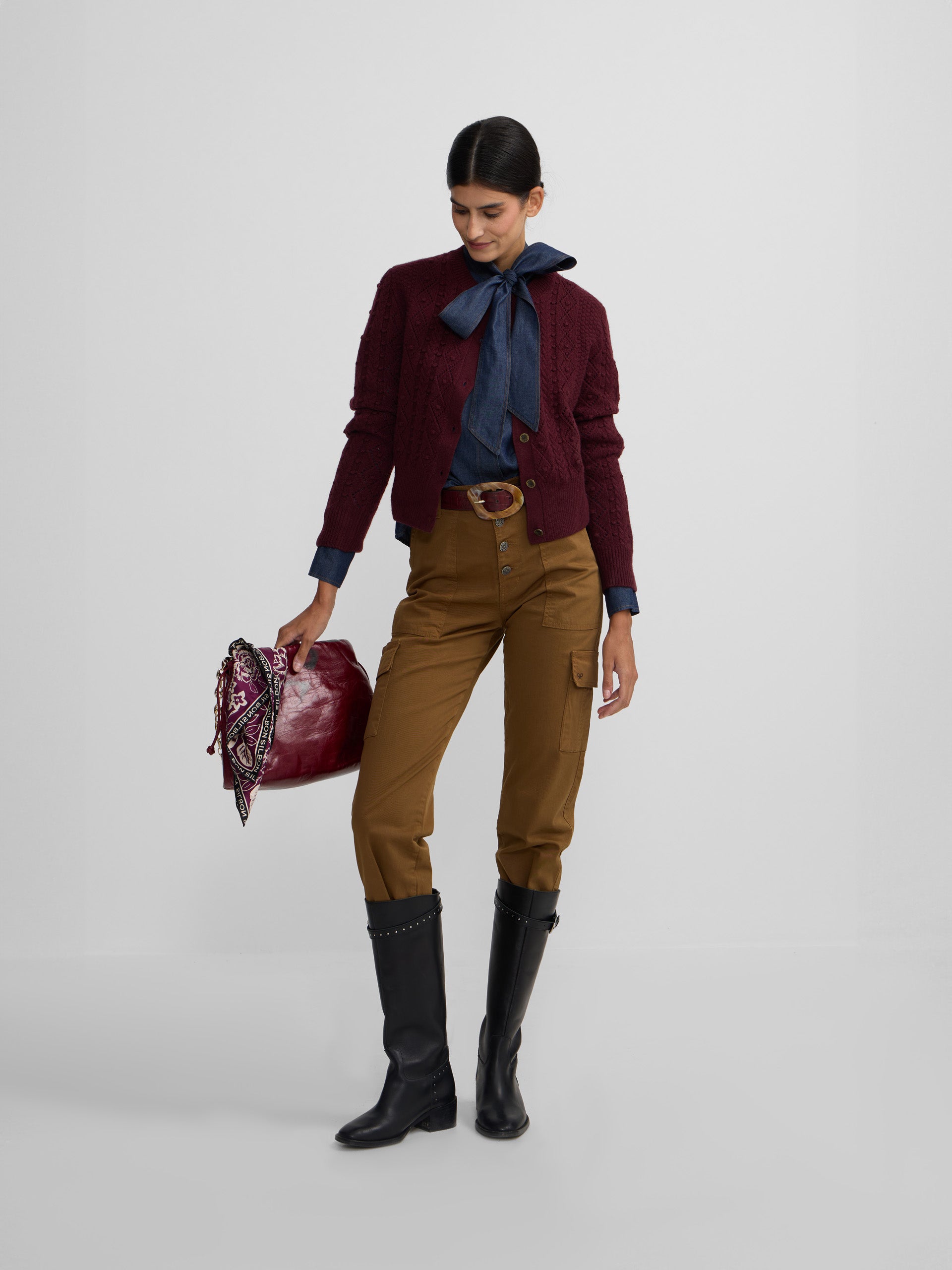 Cardigan de malha com tranças em bordô