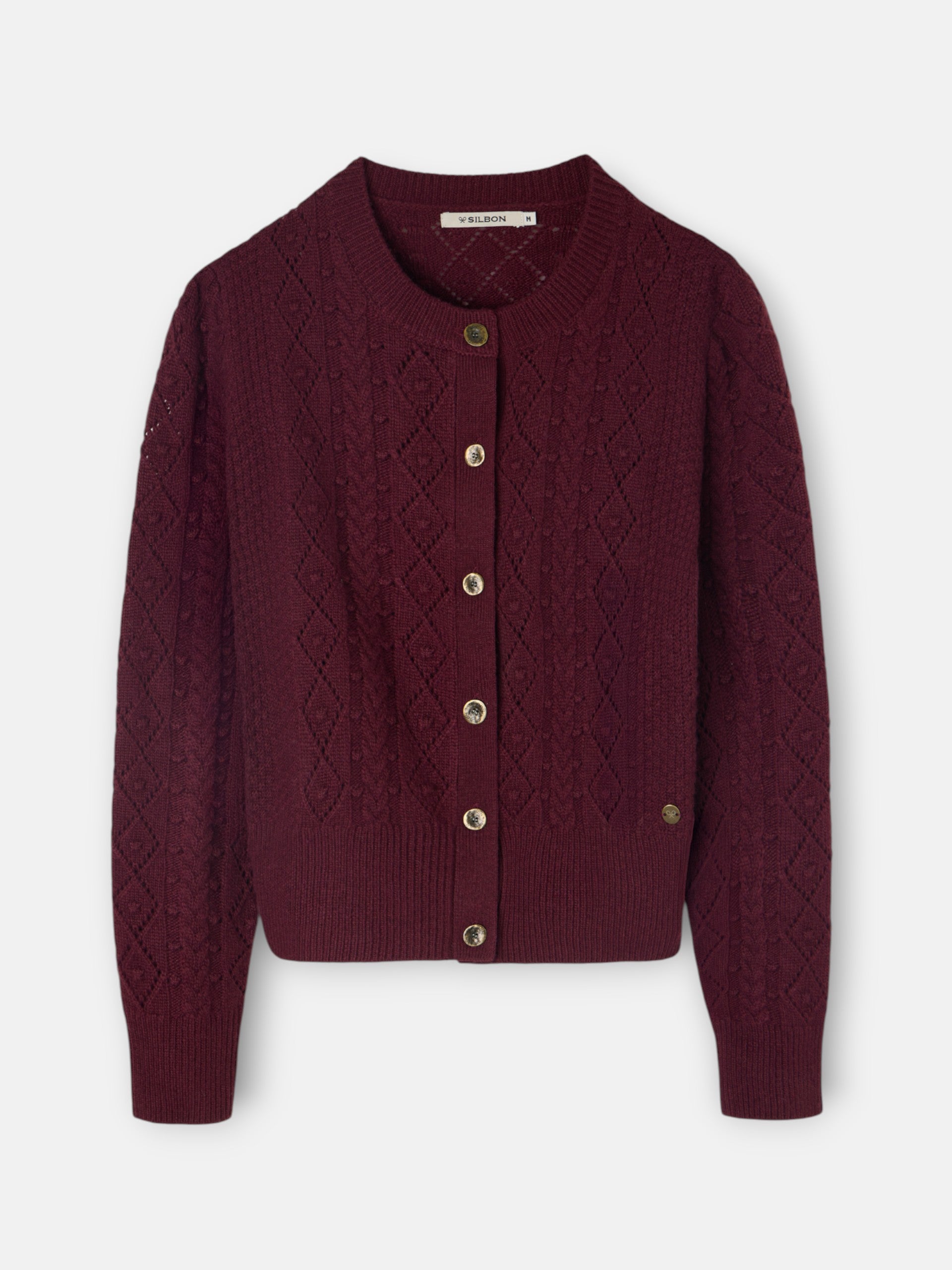 Cardigan de malha com tranças em bordô