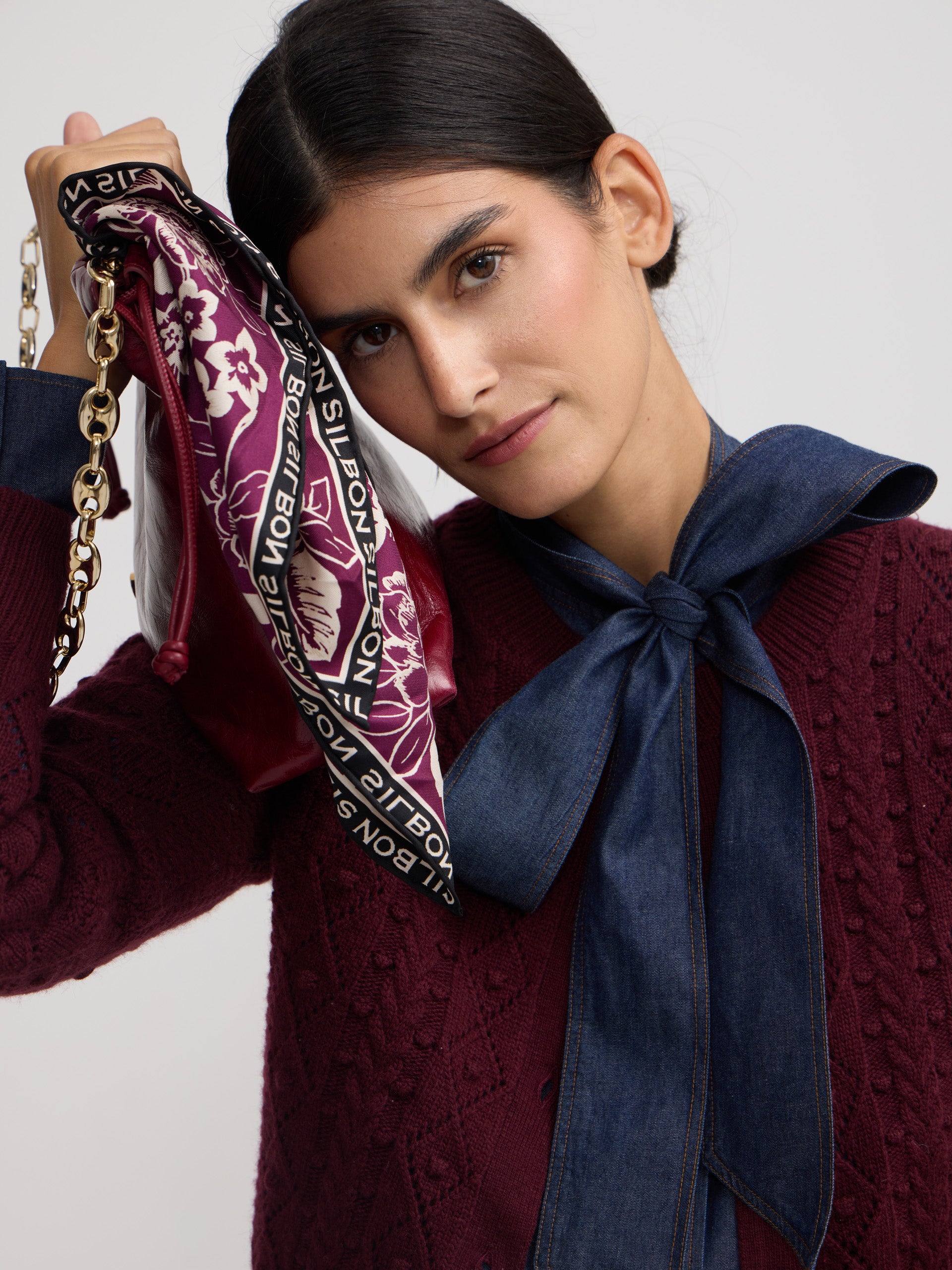 Cardigan de malha com tranças em bordô