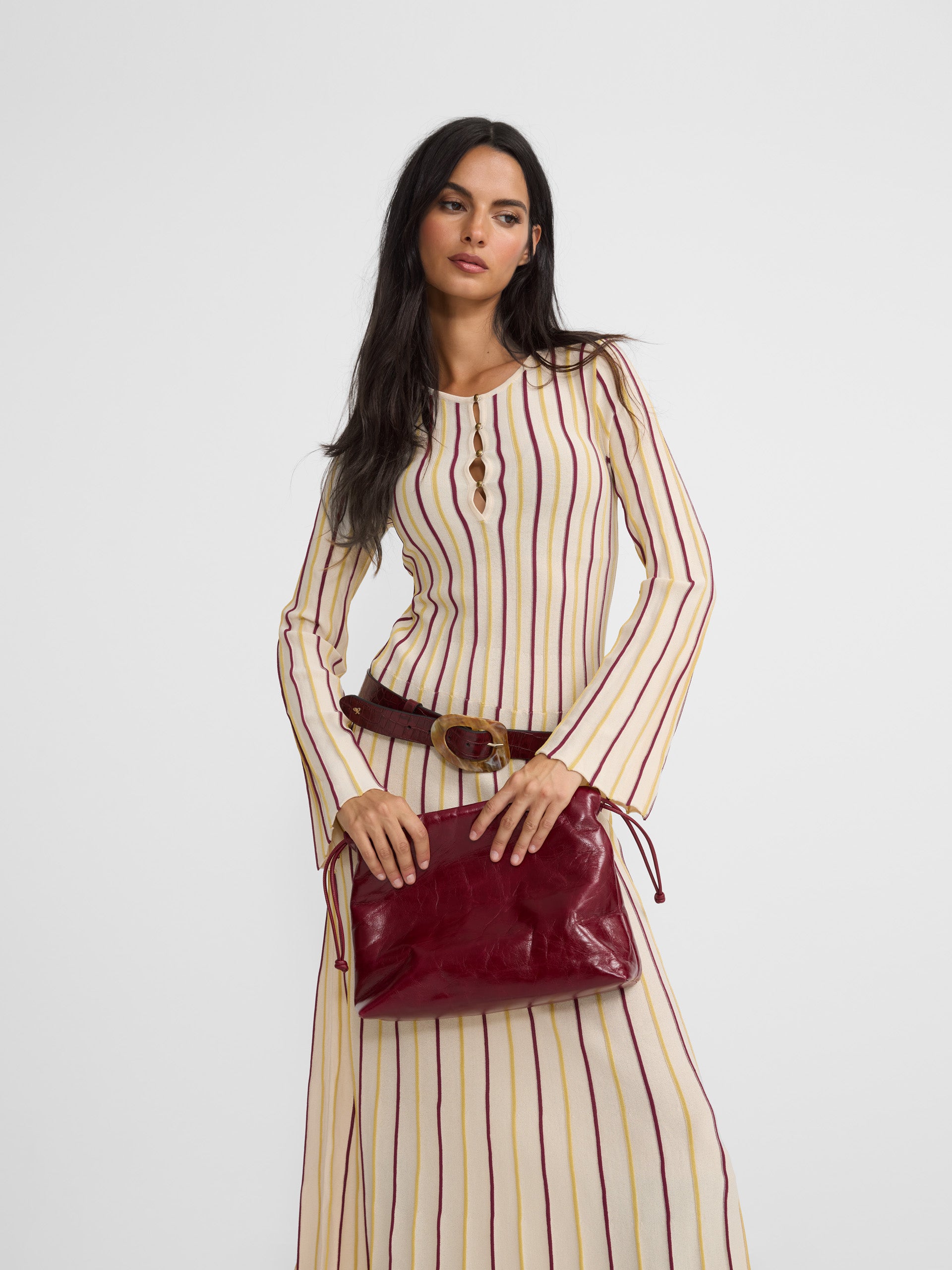 Vestido de malha às riscas bege