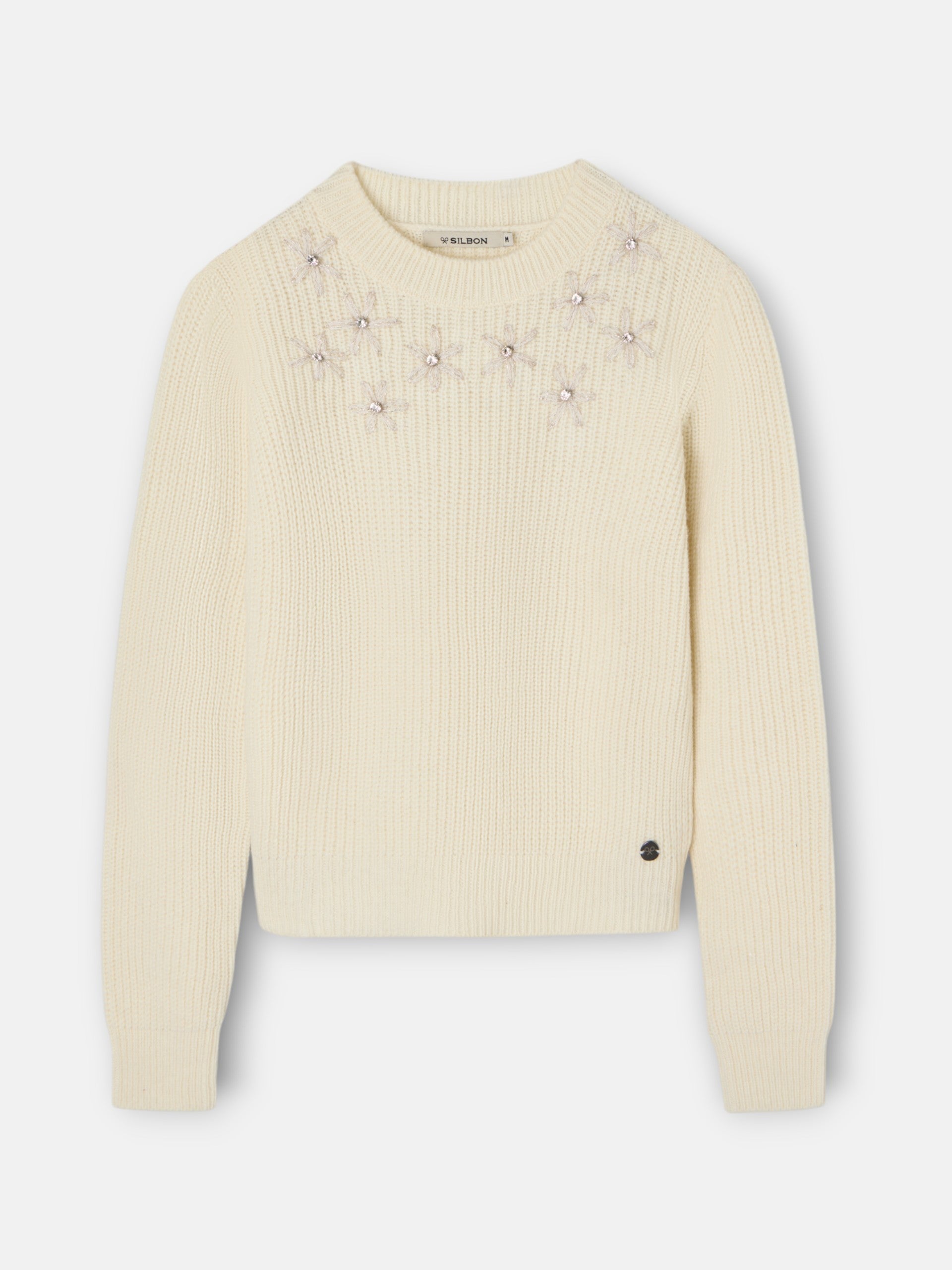 Camisola crua com flores bordadas