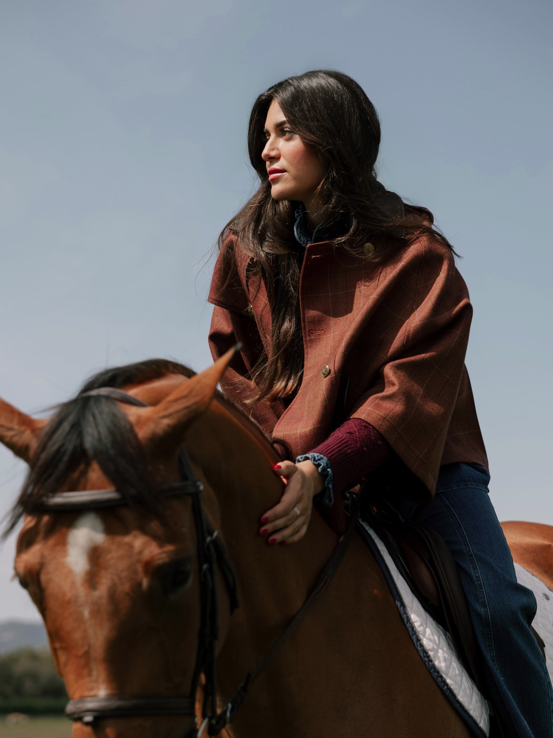 Brown plaid leather detail cape