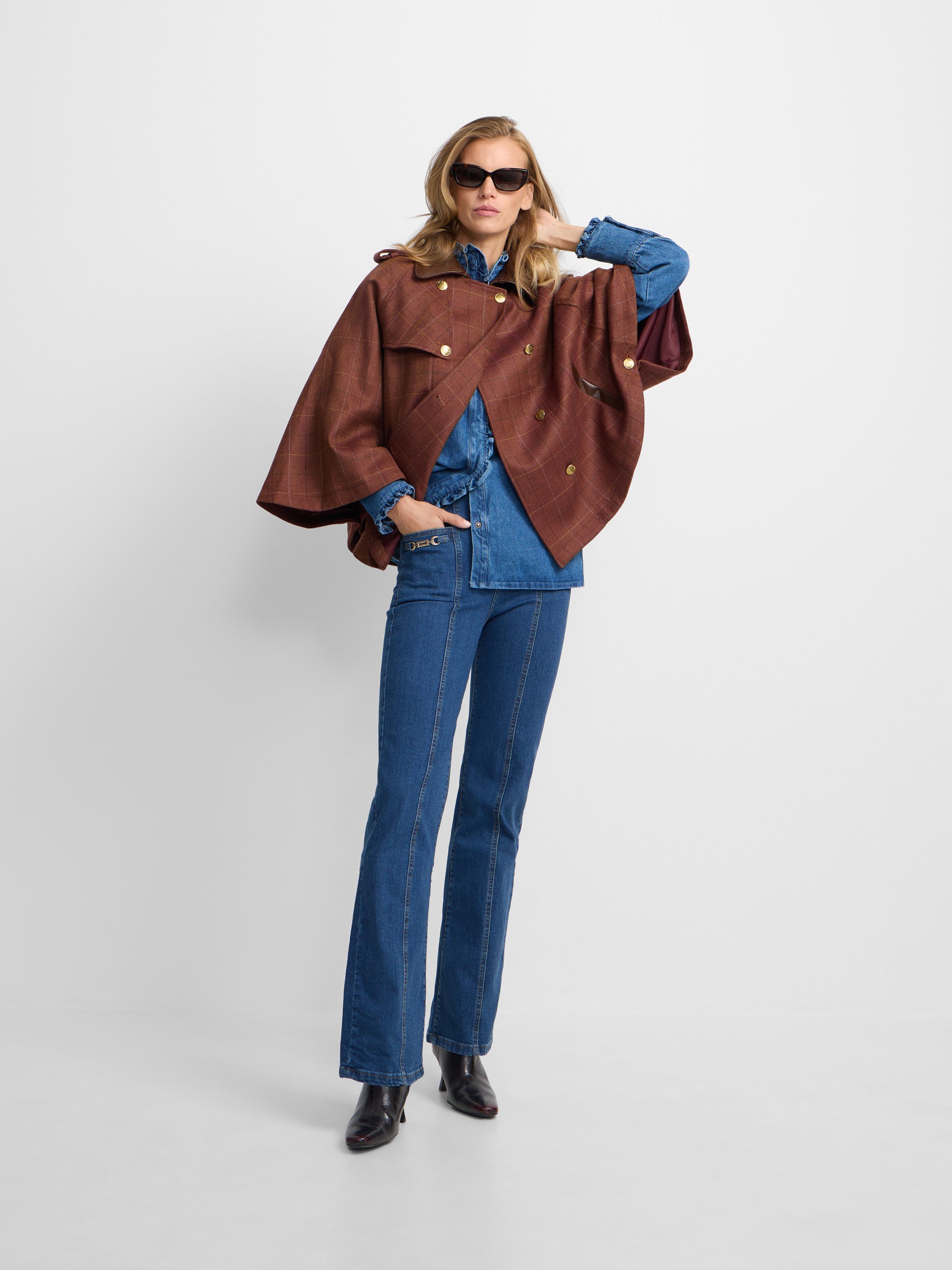 Brown plaid leather detail cape