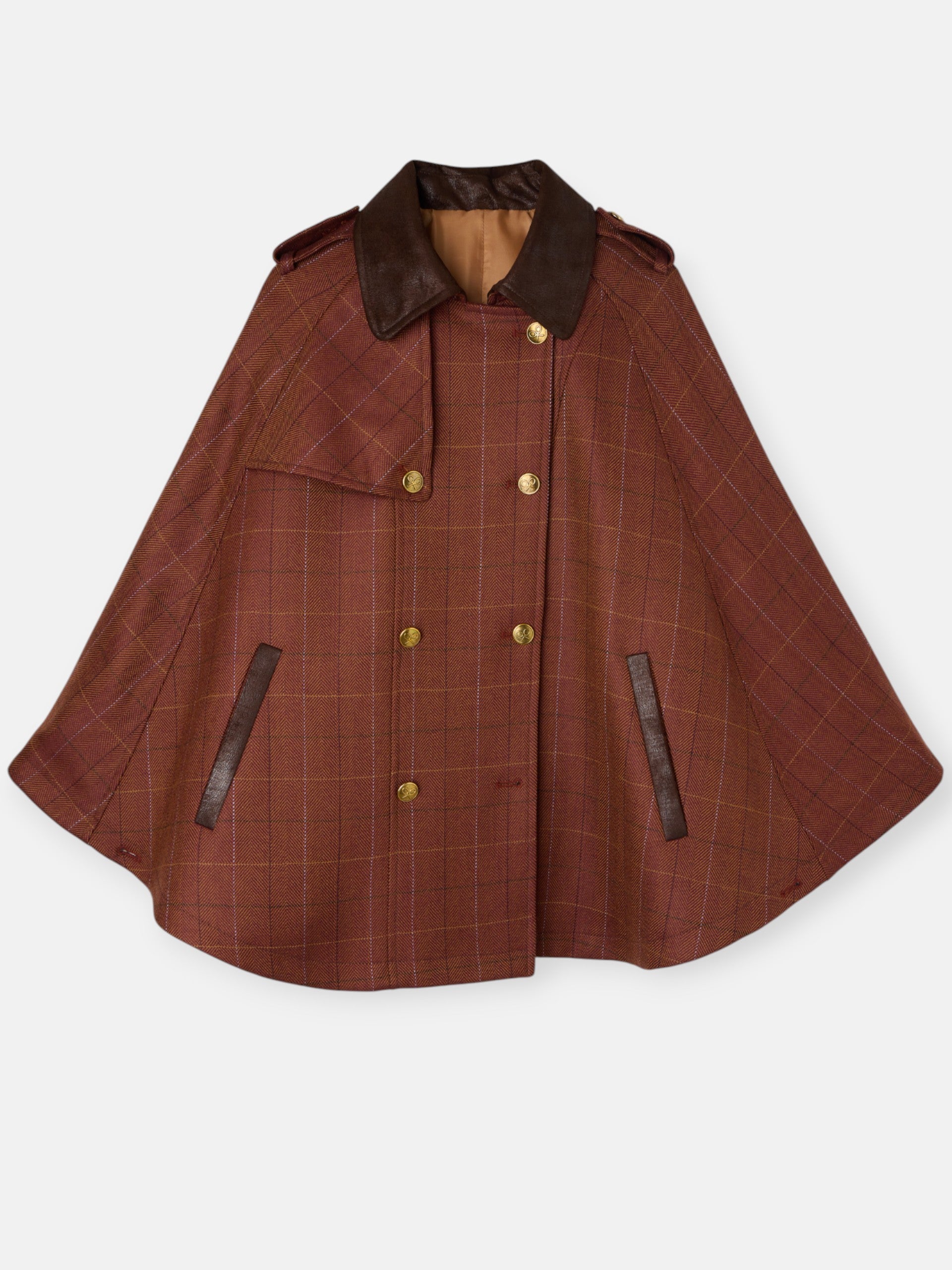 Brown plaid leather detail cape