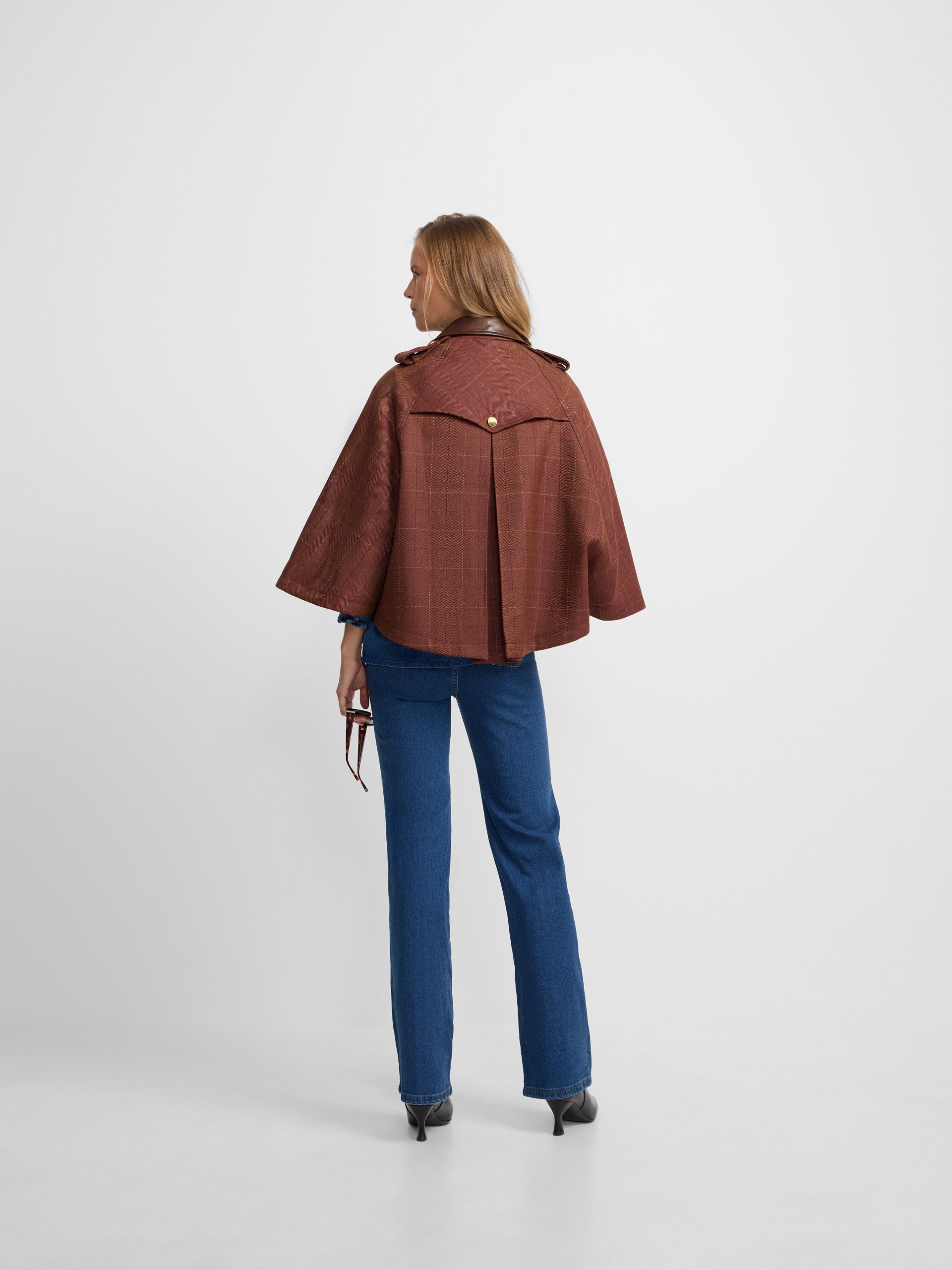 Brown plaid leather detail cape