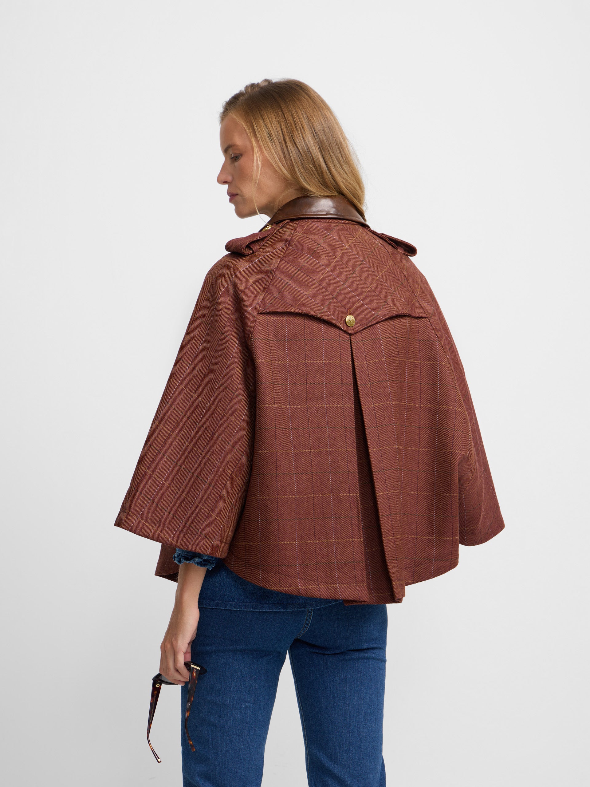 Brown plaid leather detail cape