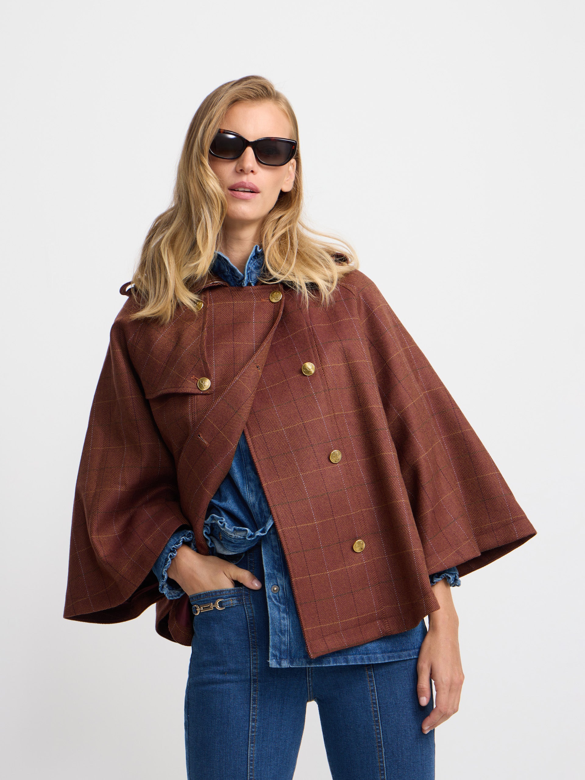 Brown plaid leather detail cape