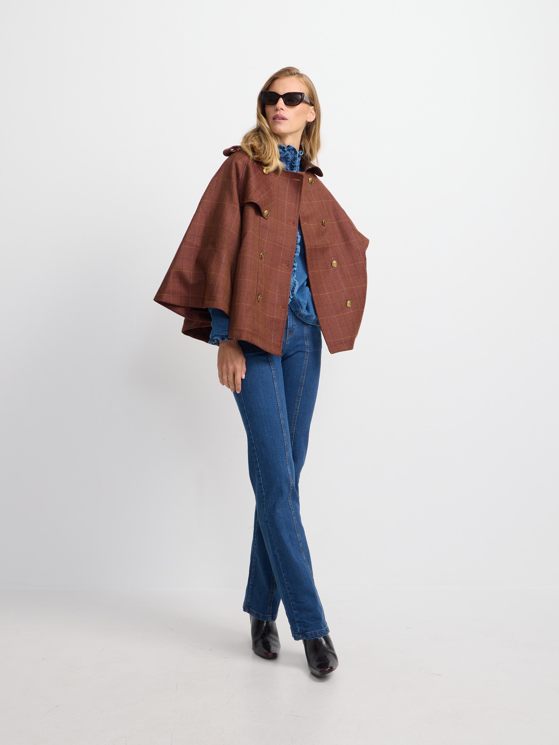 Brown plaid leather detail cape