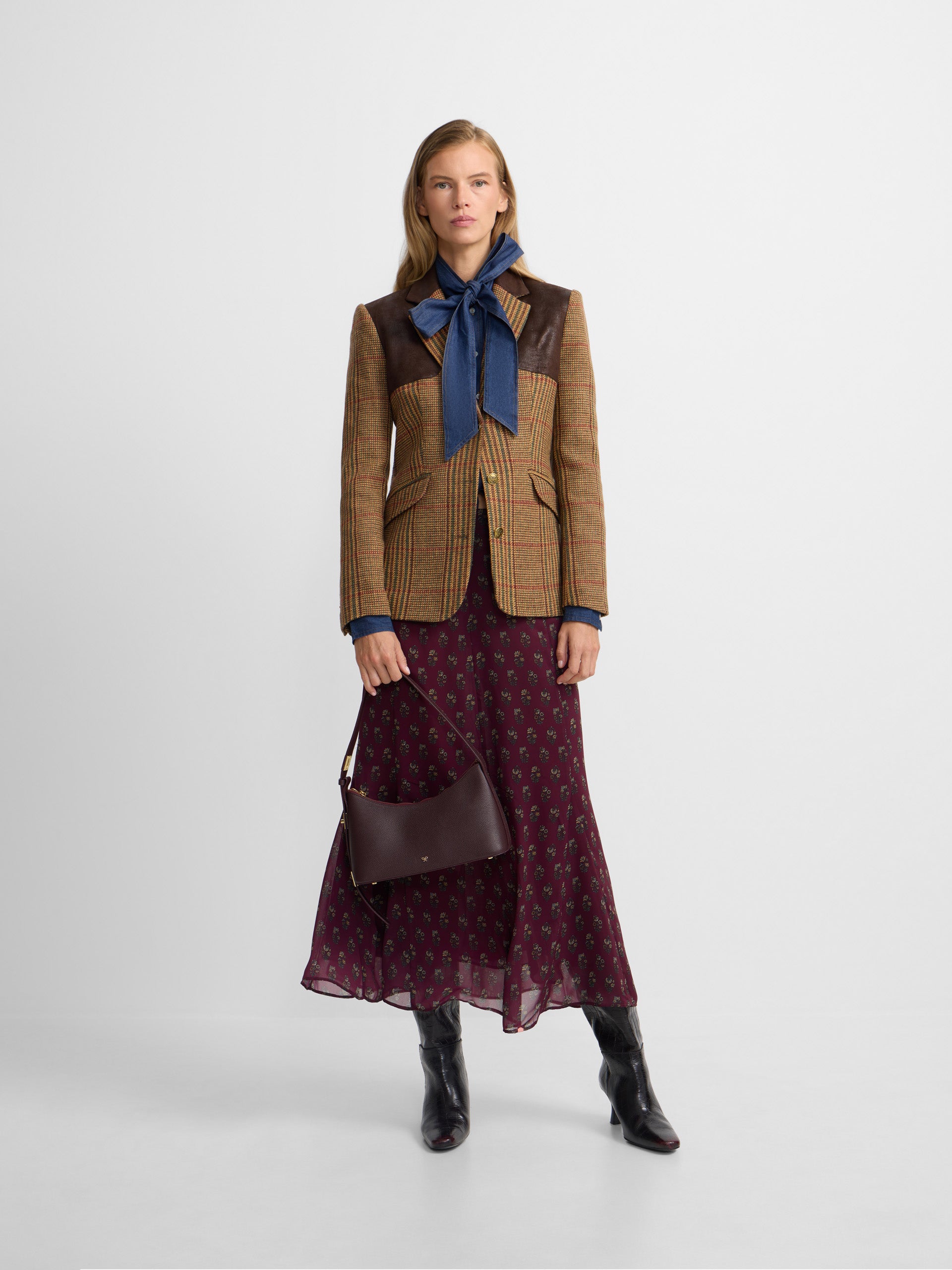 Americana combinada piel cuadros marrones