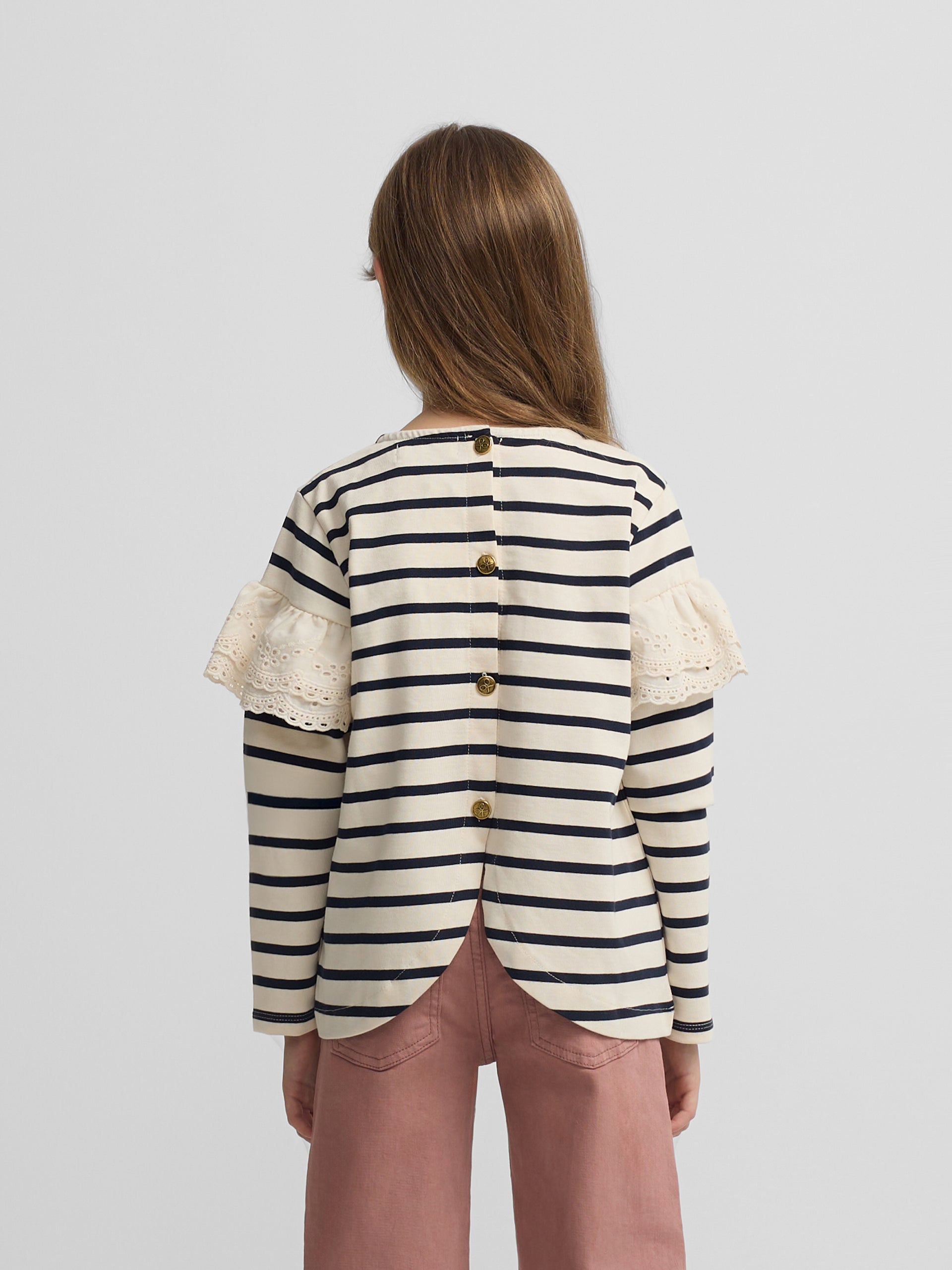 Camiseta girl manga larga volante rayas marino