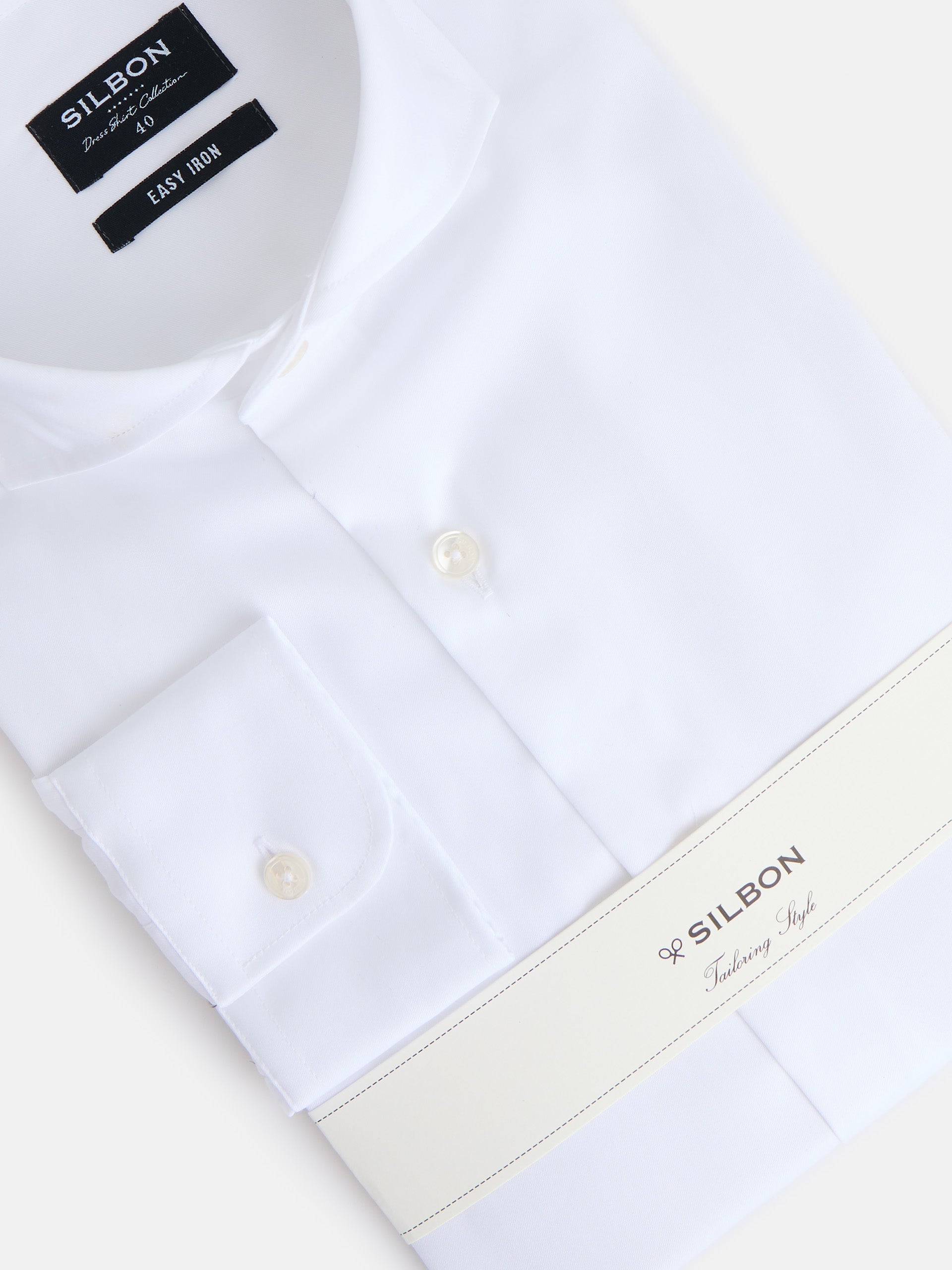Men's white easy iron dress shirt with single cuff