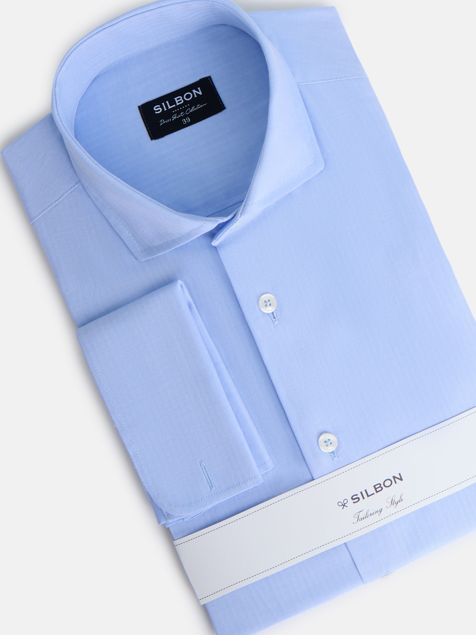 Camisa de vestir espinha punho duplo azul-claro