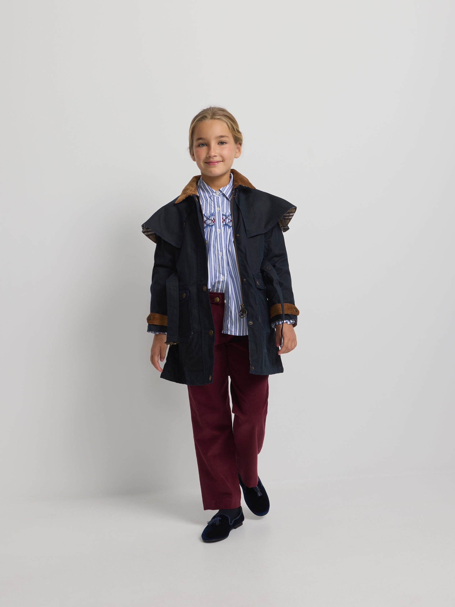 Long waxed navy blue parka for girls