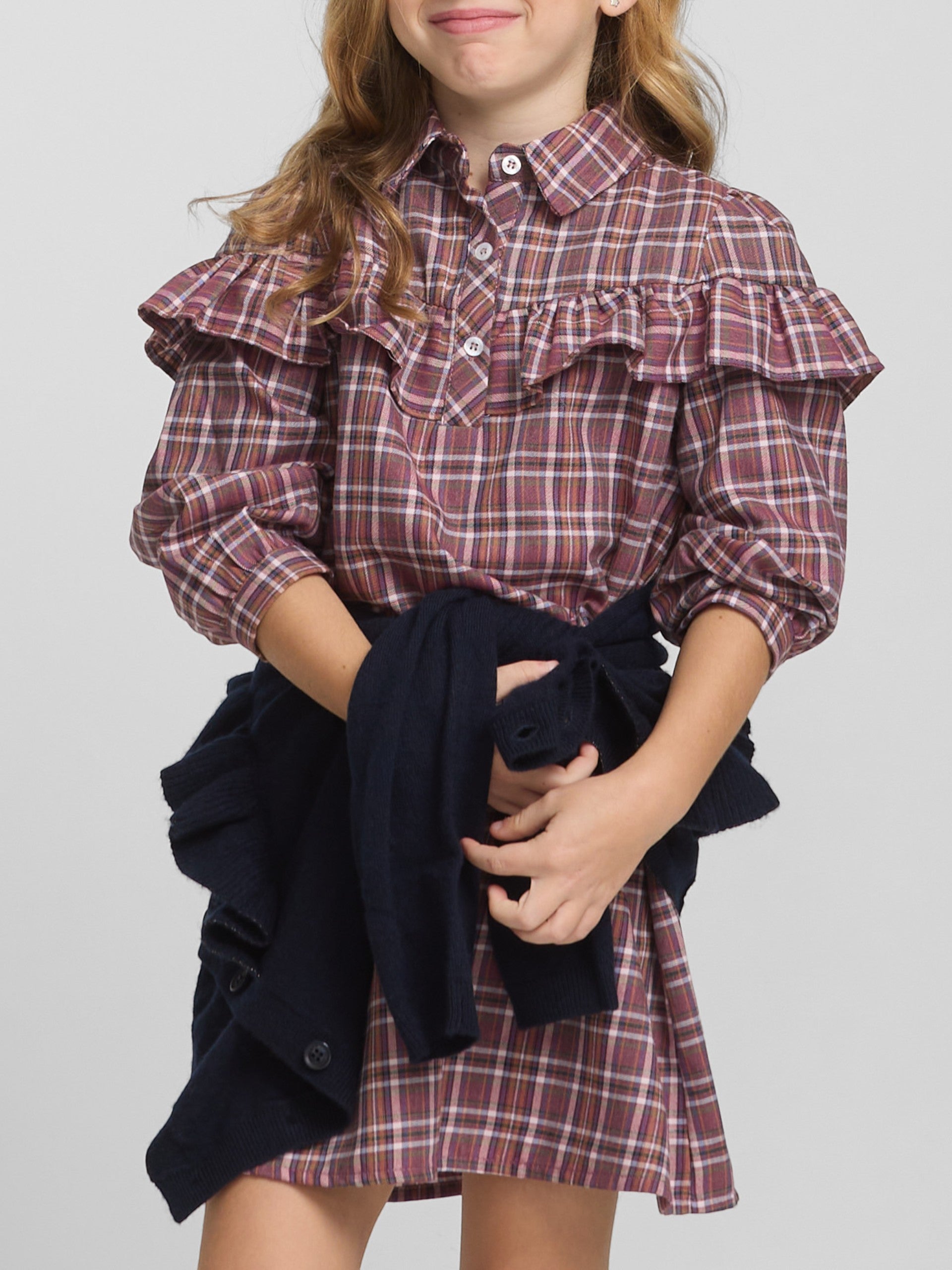 Vestido girl volante cuadros morados y rosas