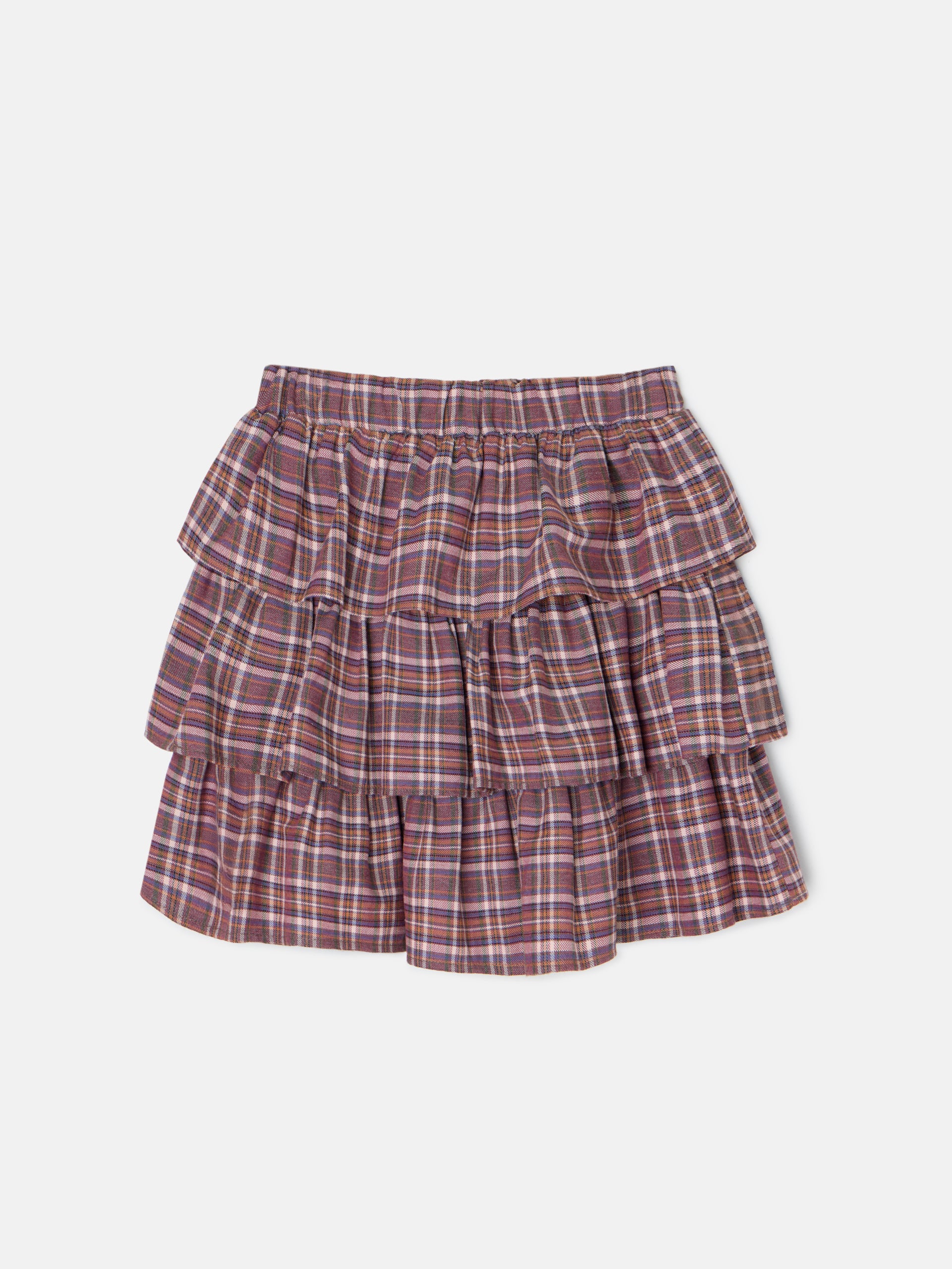 Saia de menina com folhos e padrão de xadrez roxo e rosa