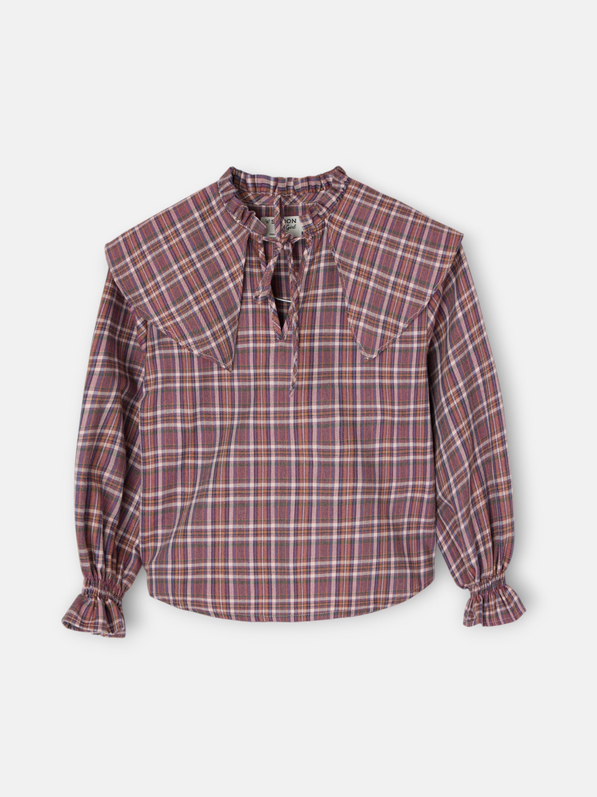 Girl's blouse with purple and pink checkered ruffles