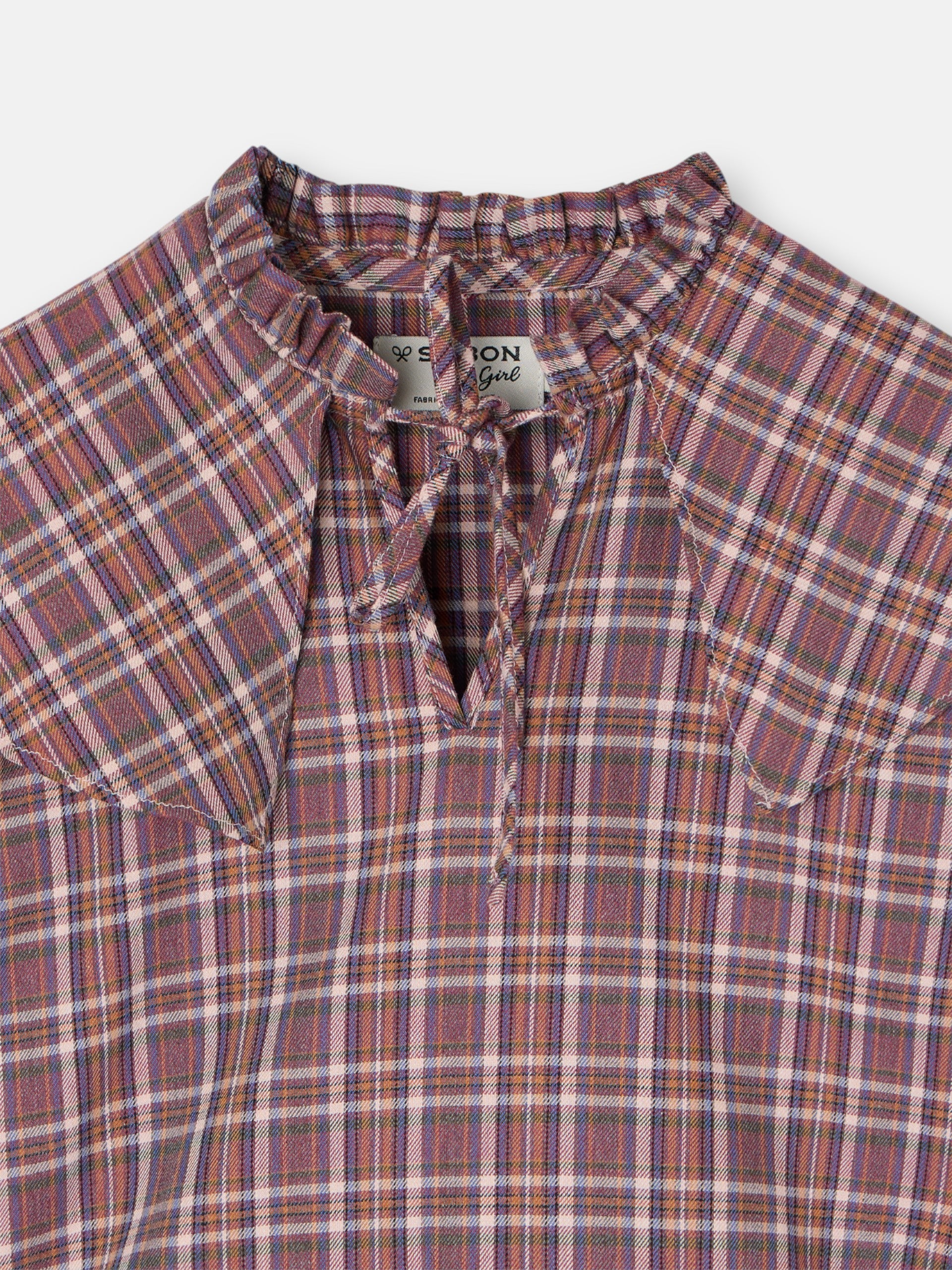 Girl's blouse with purple and pink checkered ruffles