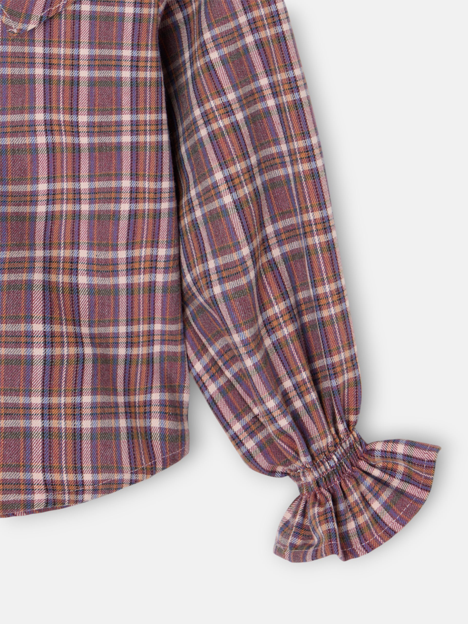Girl's blouse with purple and pink checkered ruffles