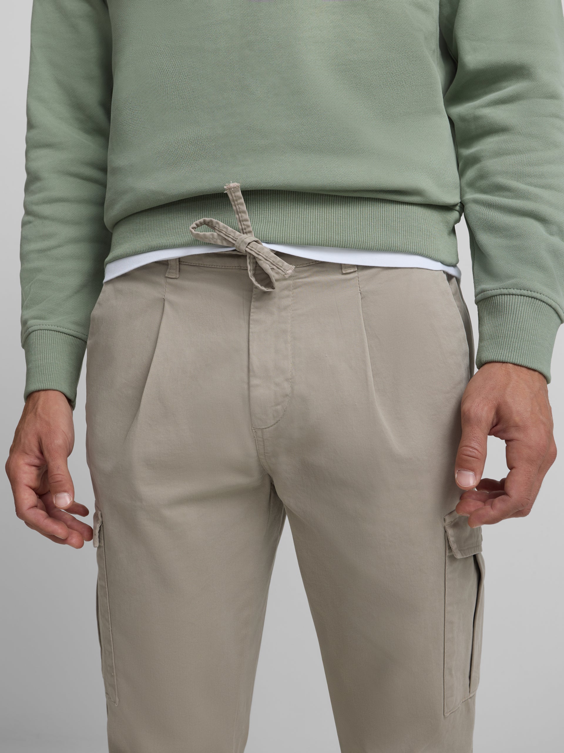 Beige pleated cargo jogger pants