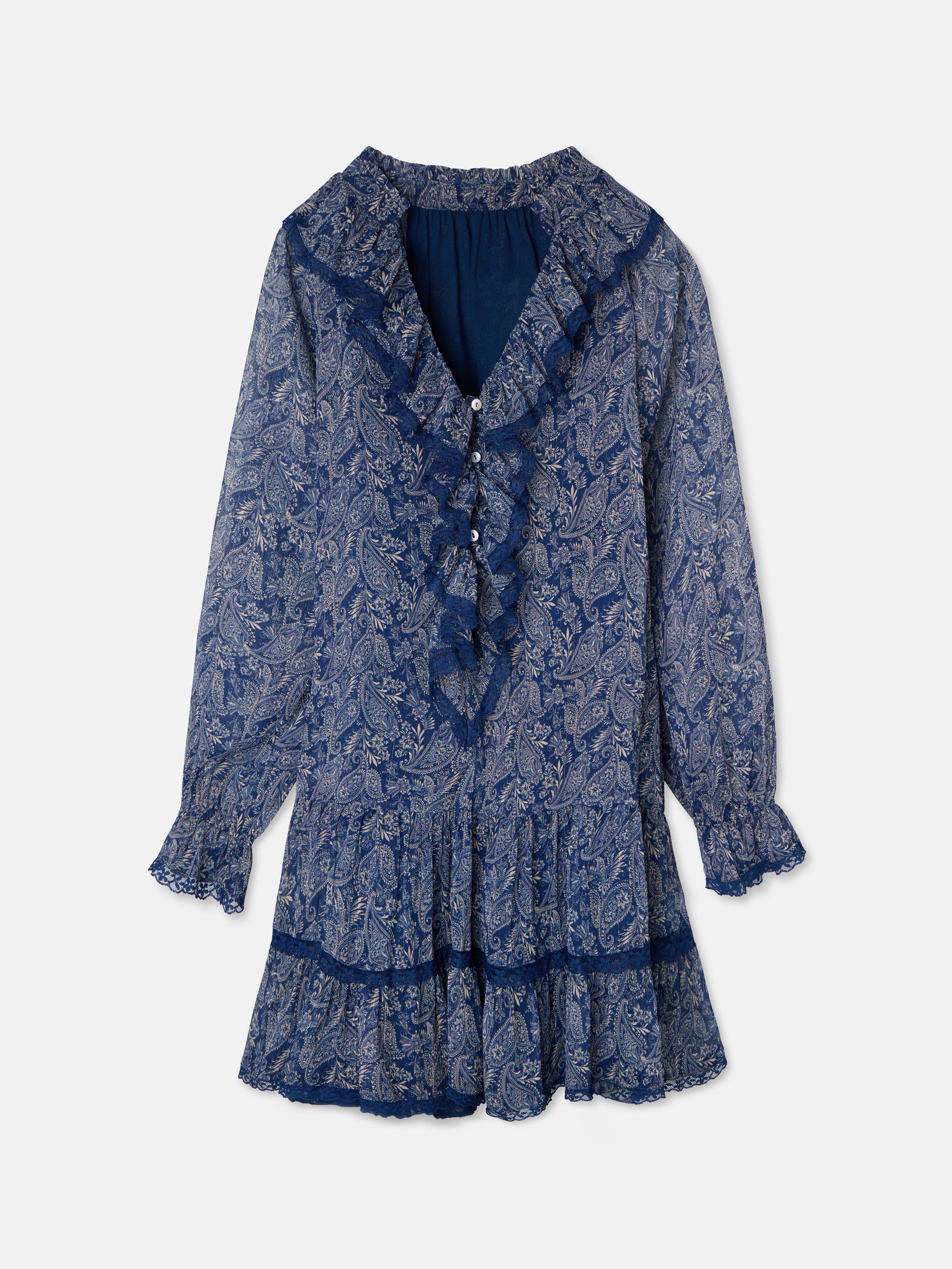 Vestido mini com folhos estampado azul