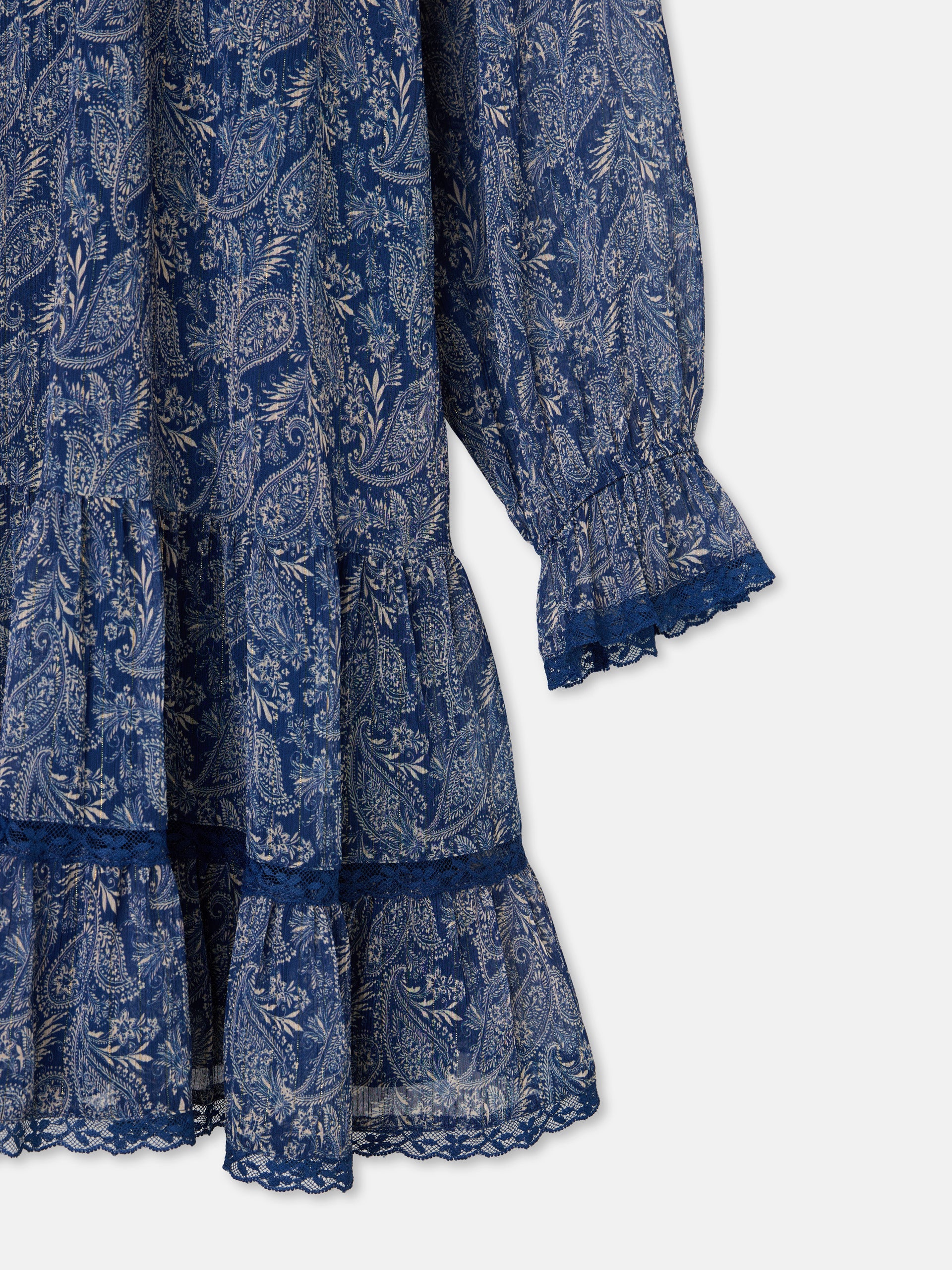 Vestido mini com folhos estampado azul