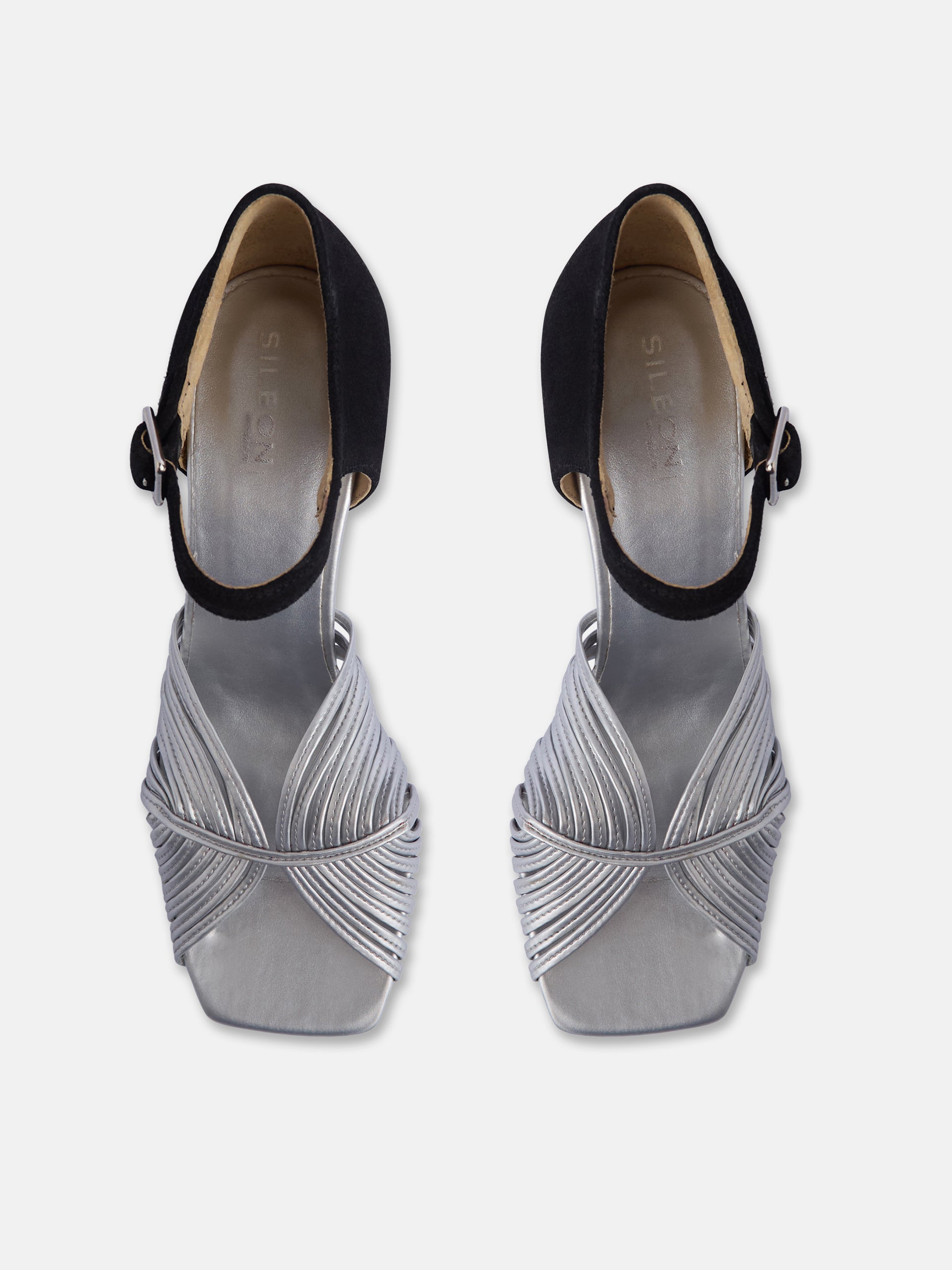 Black and silver combined leather heeled sandal