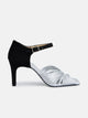 Black and silver combined leather heeled sandal