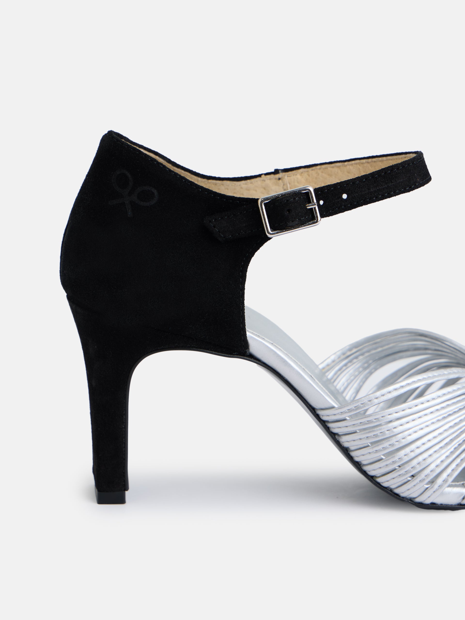 Black and silver combined leather heeled sandal