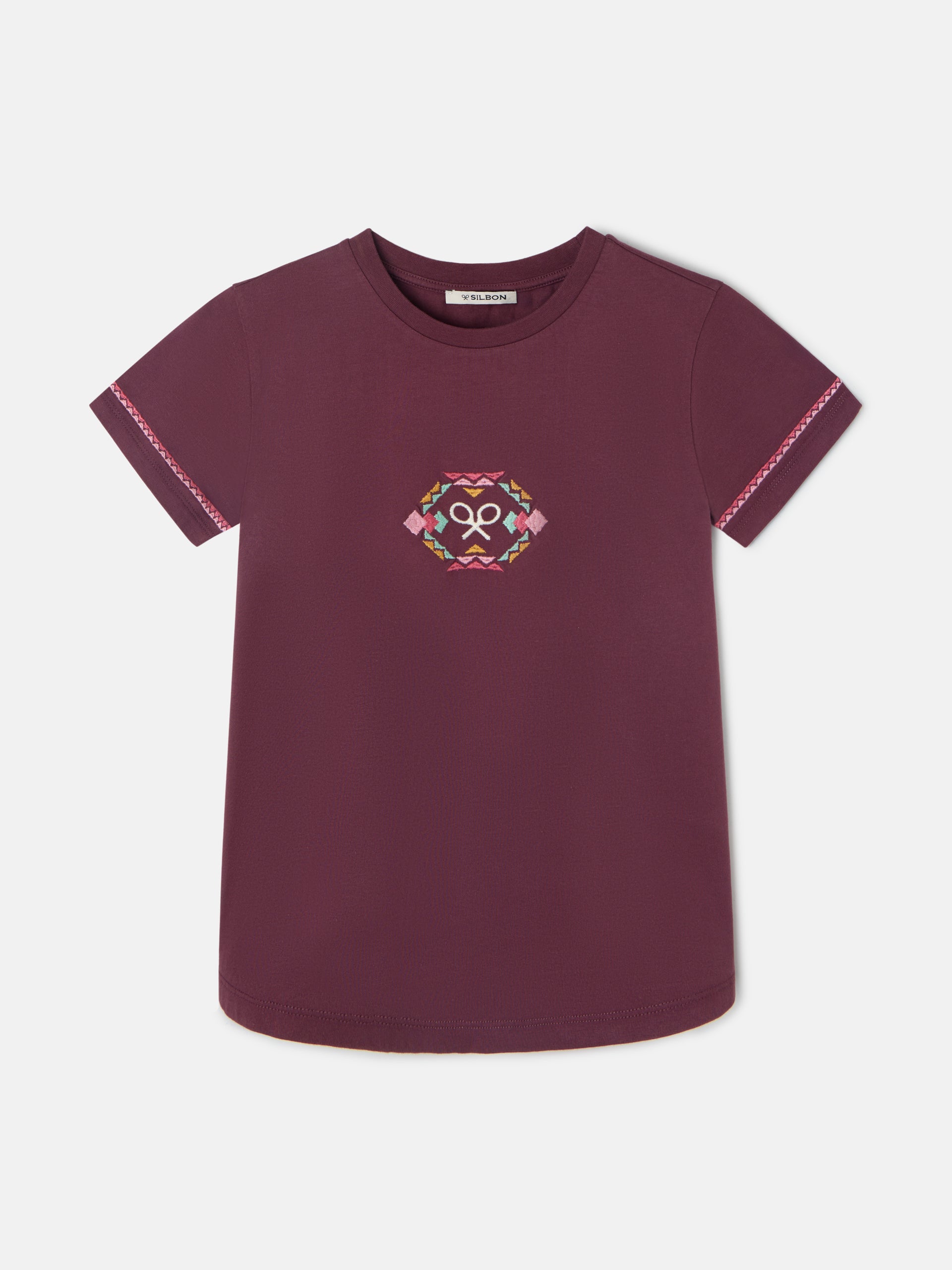 T-shirt mulher bordado étnico multicolor bordeaux