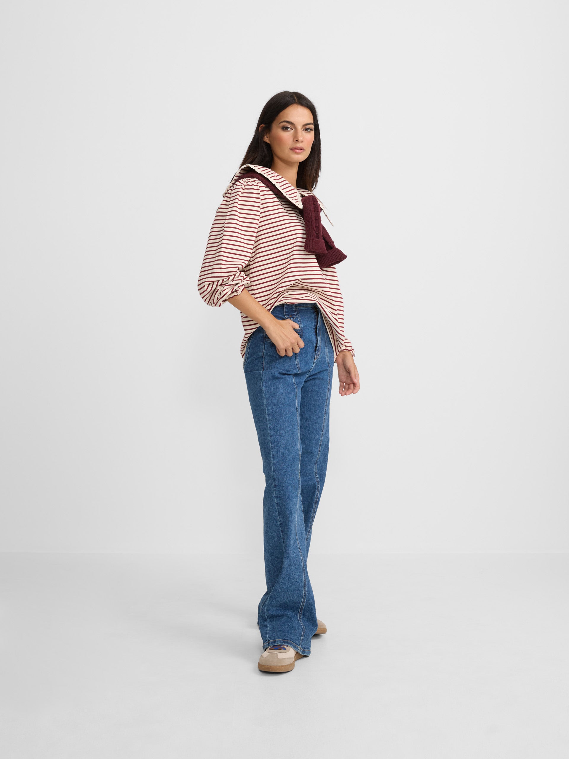 Women's maroon striped crew neck T-shirt