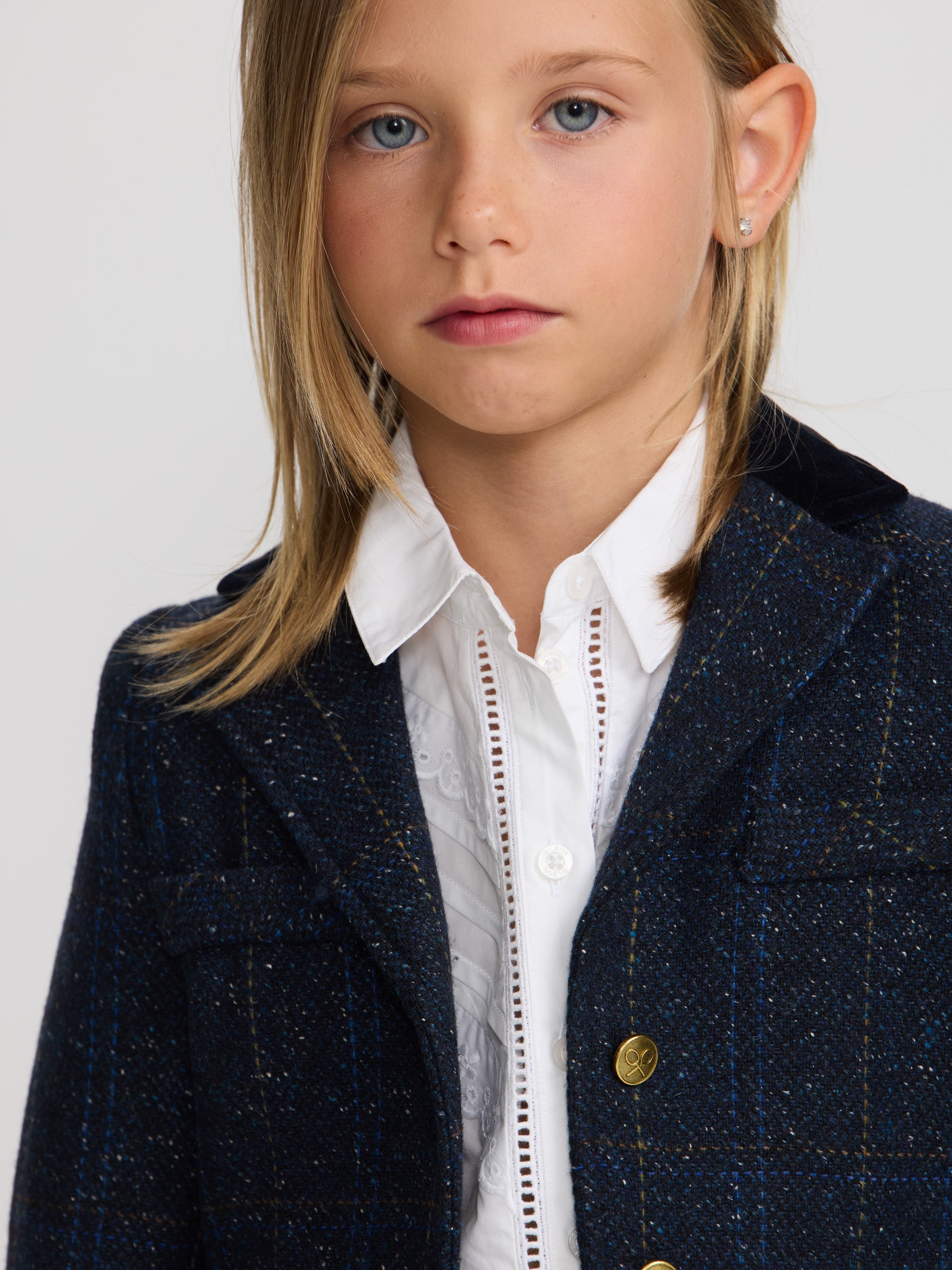 American girl with blue plaid velvet details