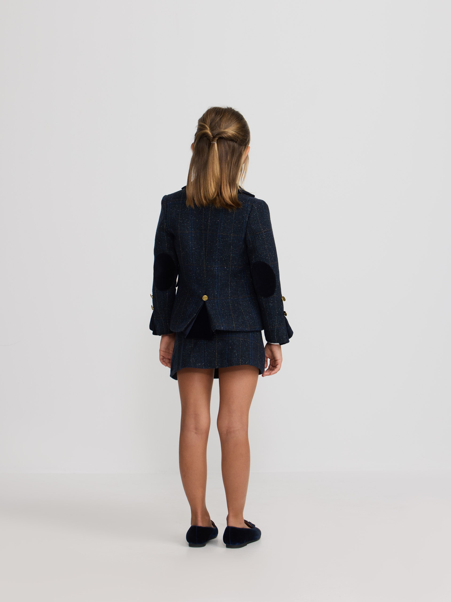 American girl with blue plaid velvet details