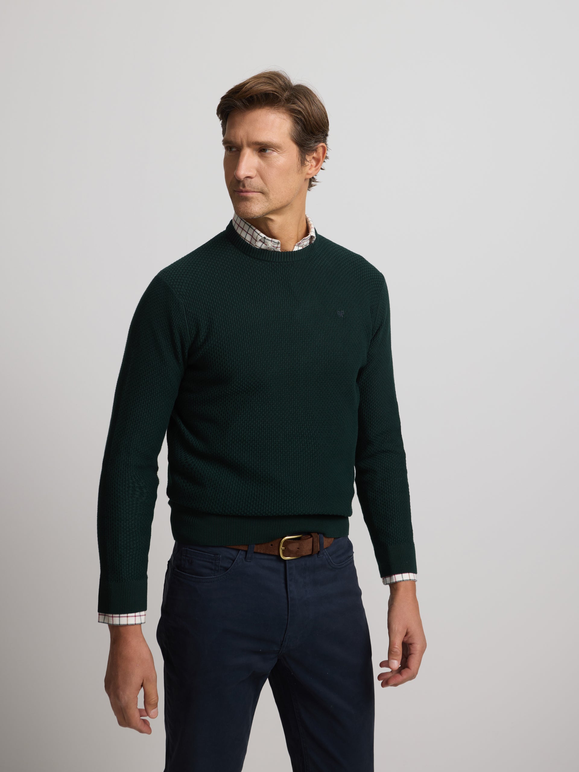 dark green textured round neck sweater