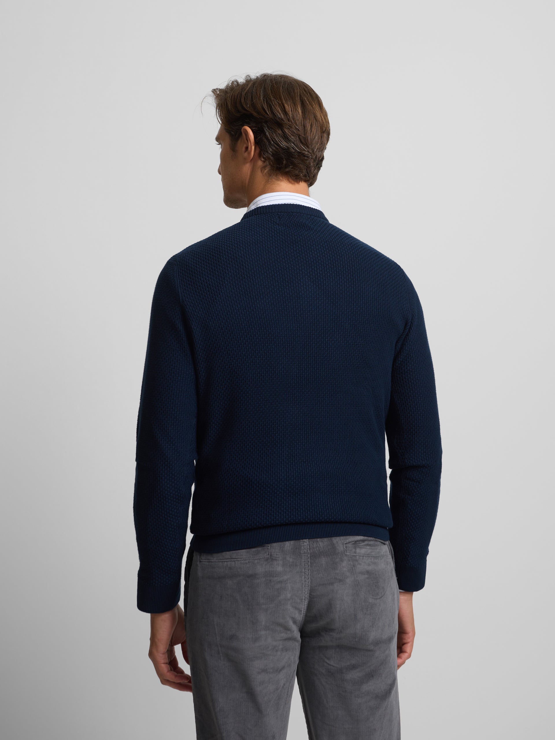 navy blue structured round neck sweater