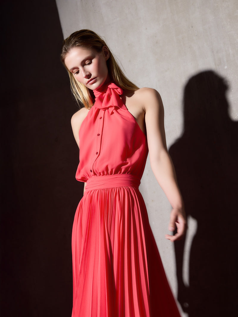 Vestido CaprileXSilbon plisado lazo coral