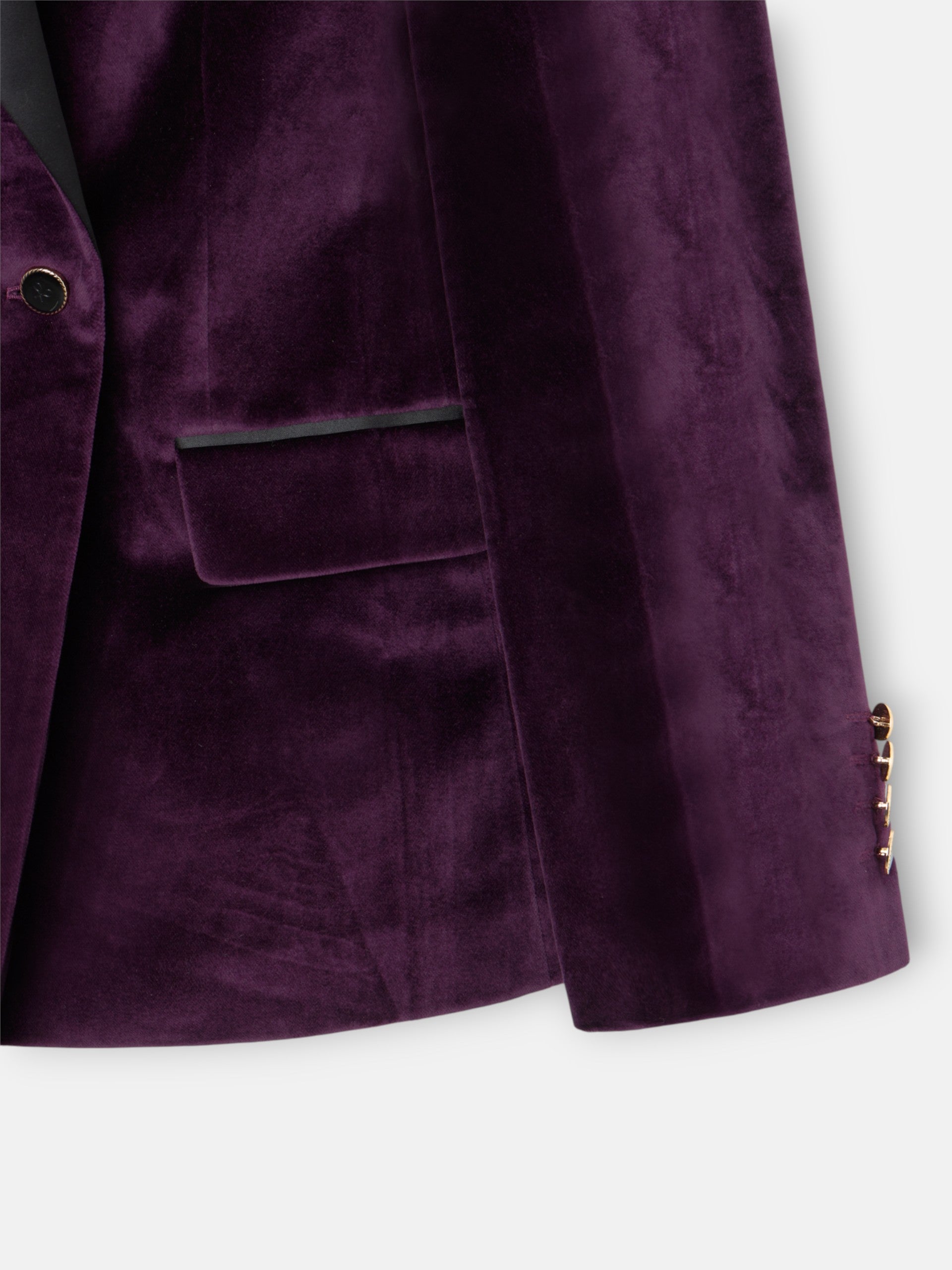 Americana cruzada solapa negra terciopelo morada