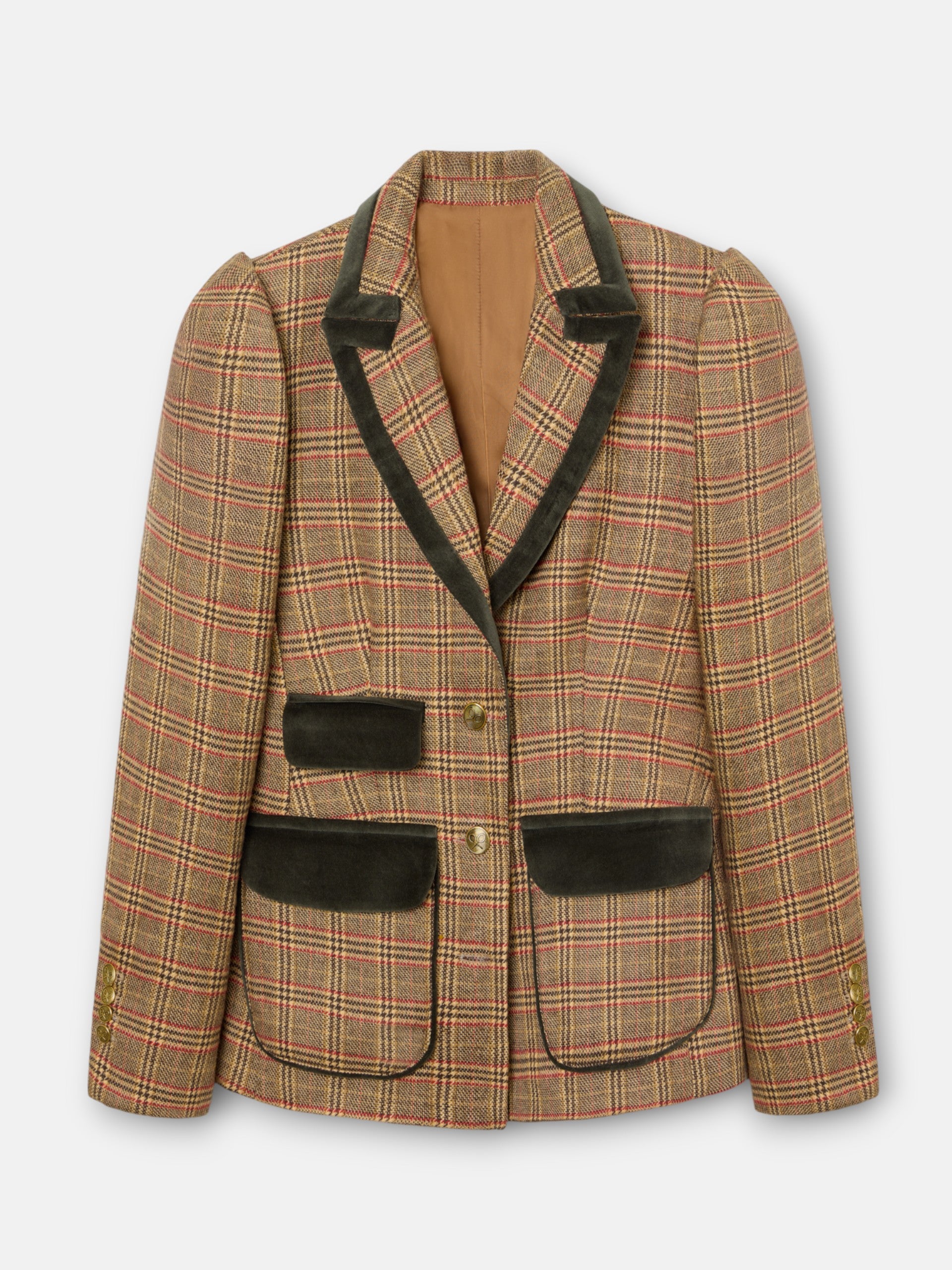 Blazer única com manga abalonada e padrão de xadrez castanho