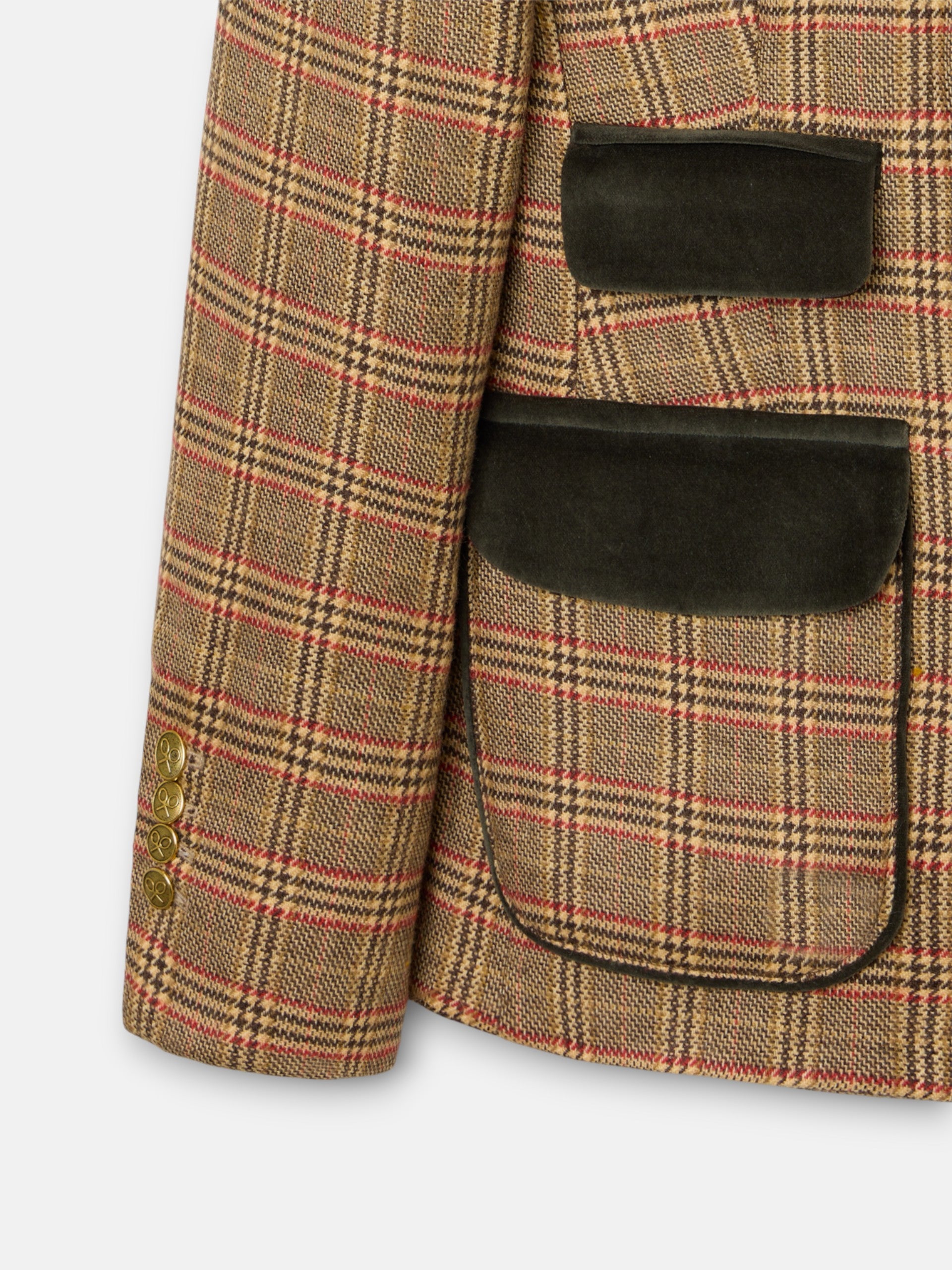 Blazer única com manga abalonada e padrão de xadrez castanho