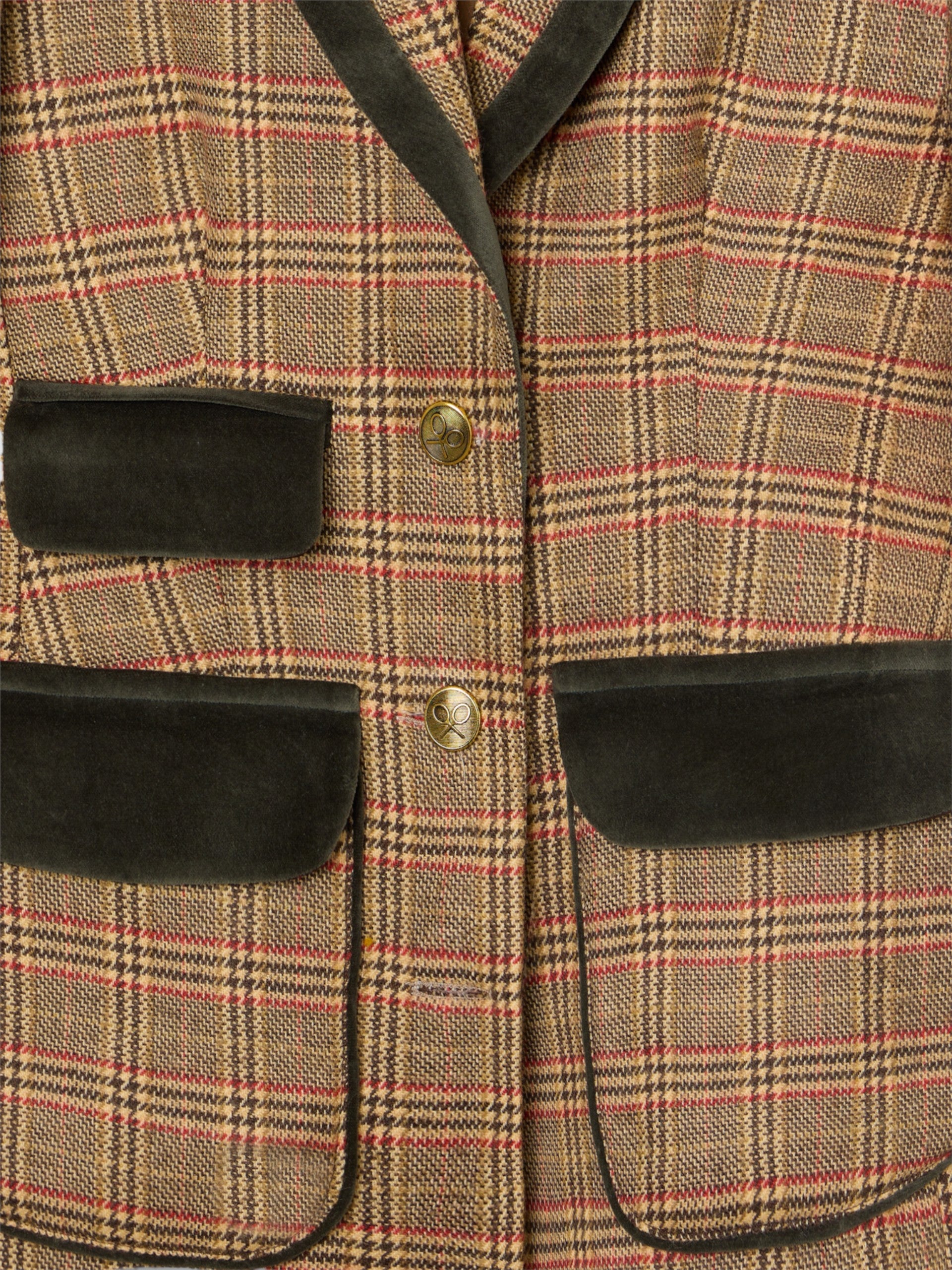 Blazer única com manga abalonada e padrão de xadrez castanho