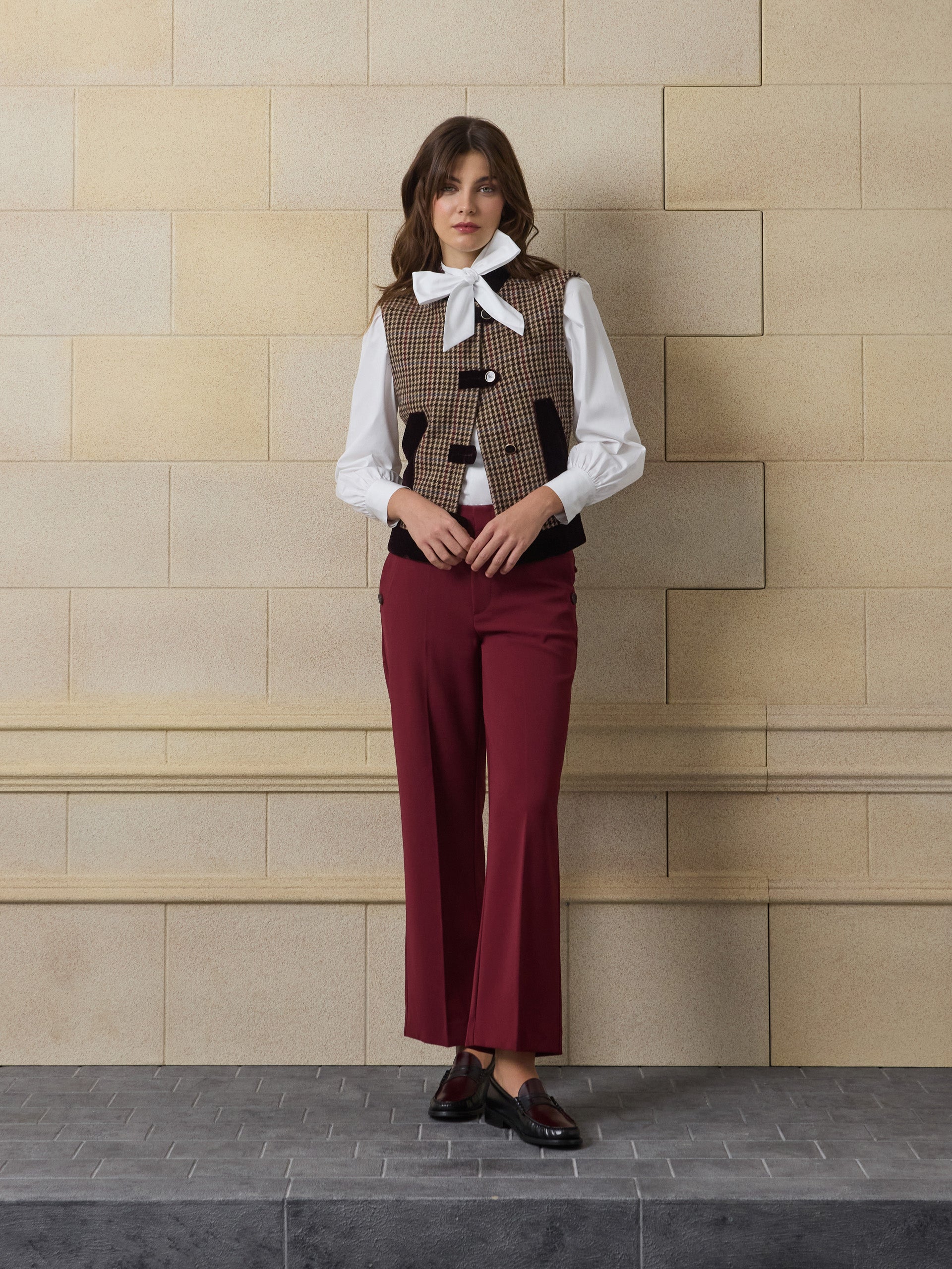 Colete exclusivo com detalhes em padrão pied-de-poule bordeaux