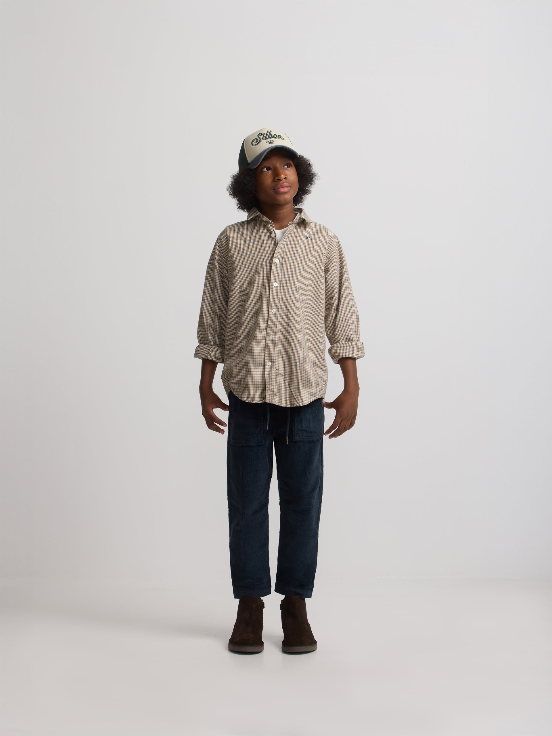 Camisa desportiva infantil aos quadrados bicolor verde mostarda