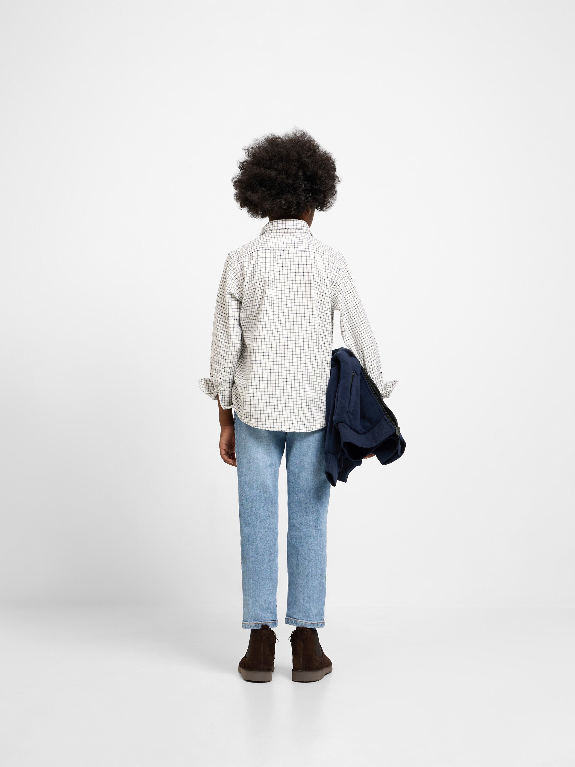 Camisa desportiva para criança aos quadrados bicolor azul-marinho e cinzento