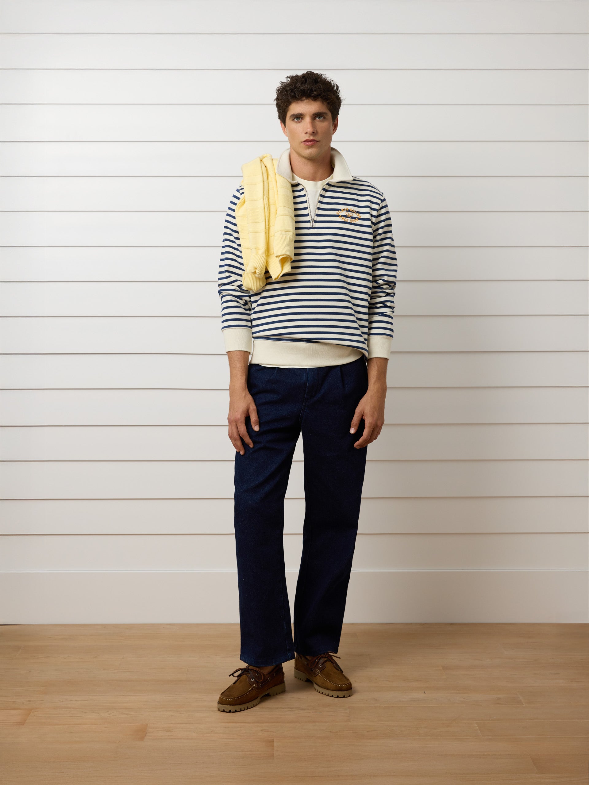 Navy blue stripe half-zip sweatshirt