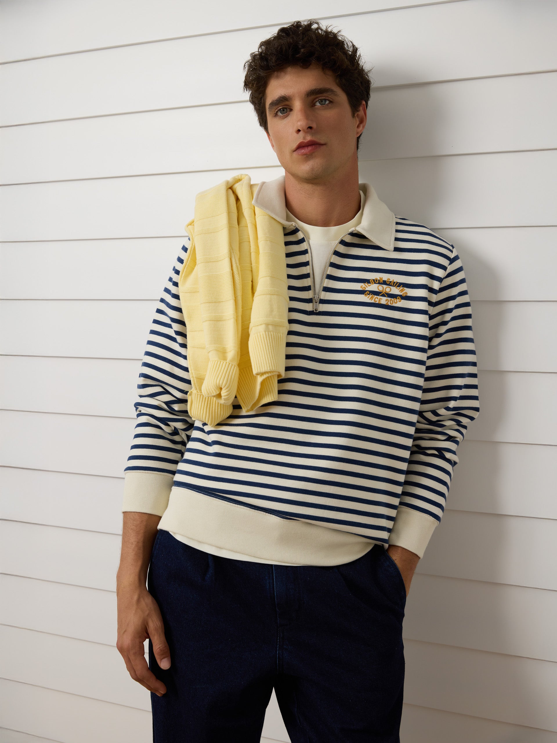 Navy blue stripe half-zip sweatshirt