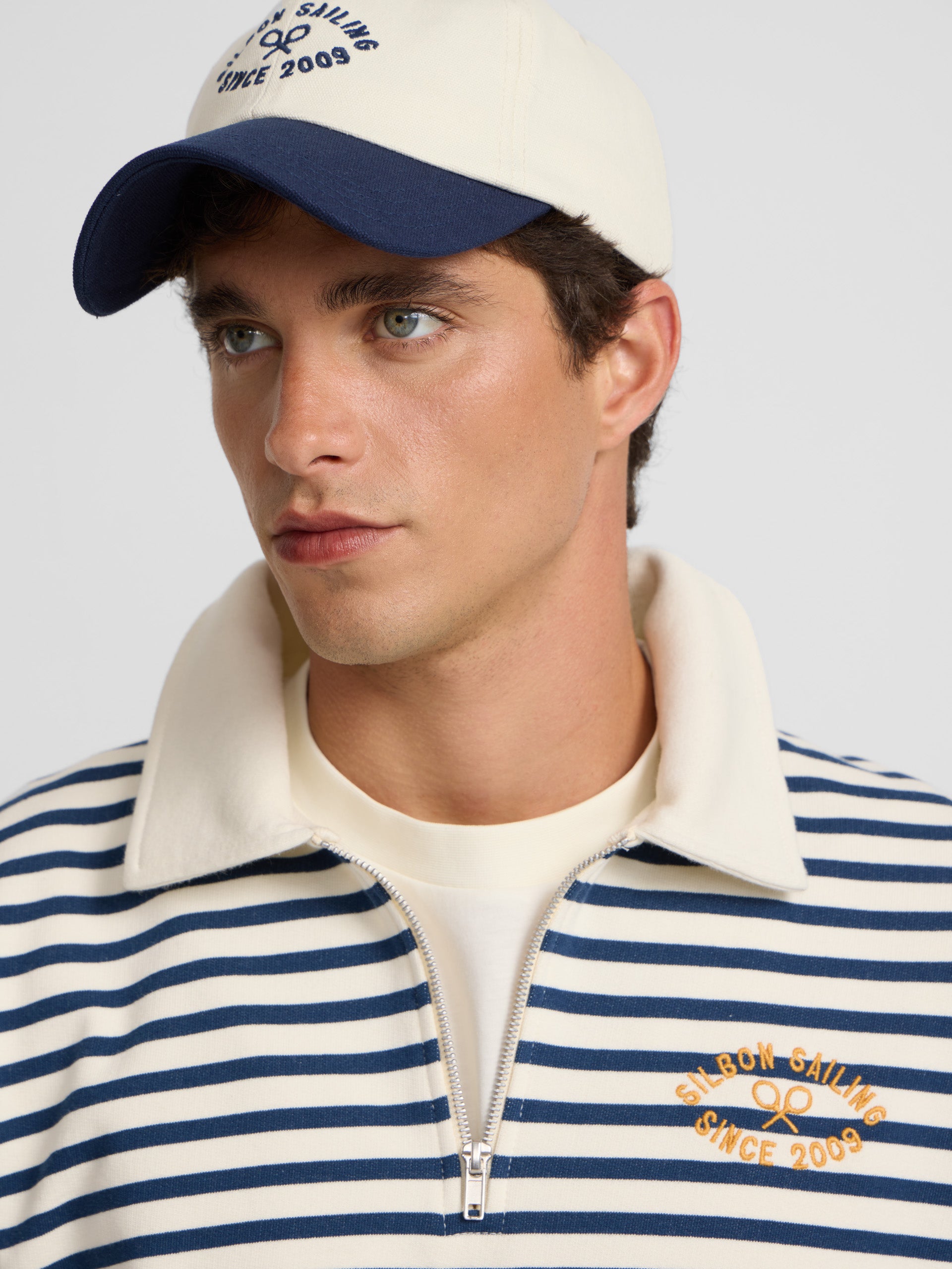 Navy blue stripe half-zip sweatshirt