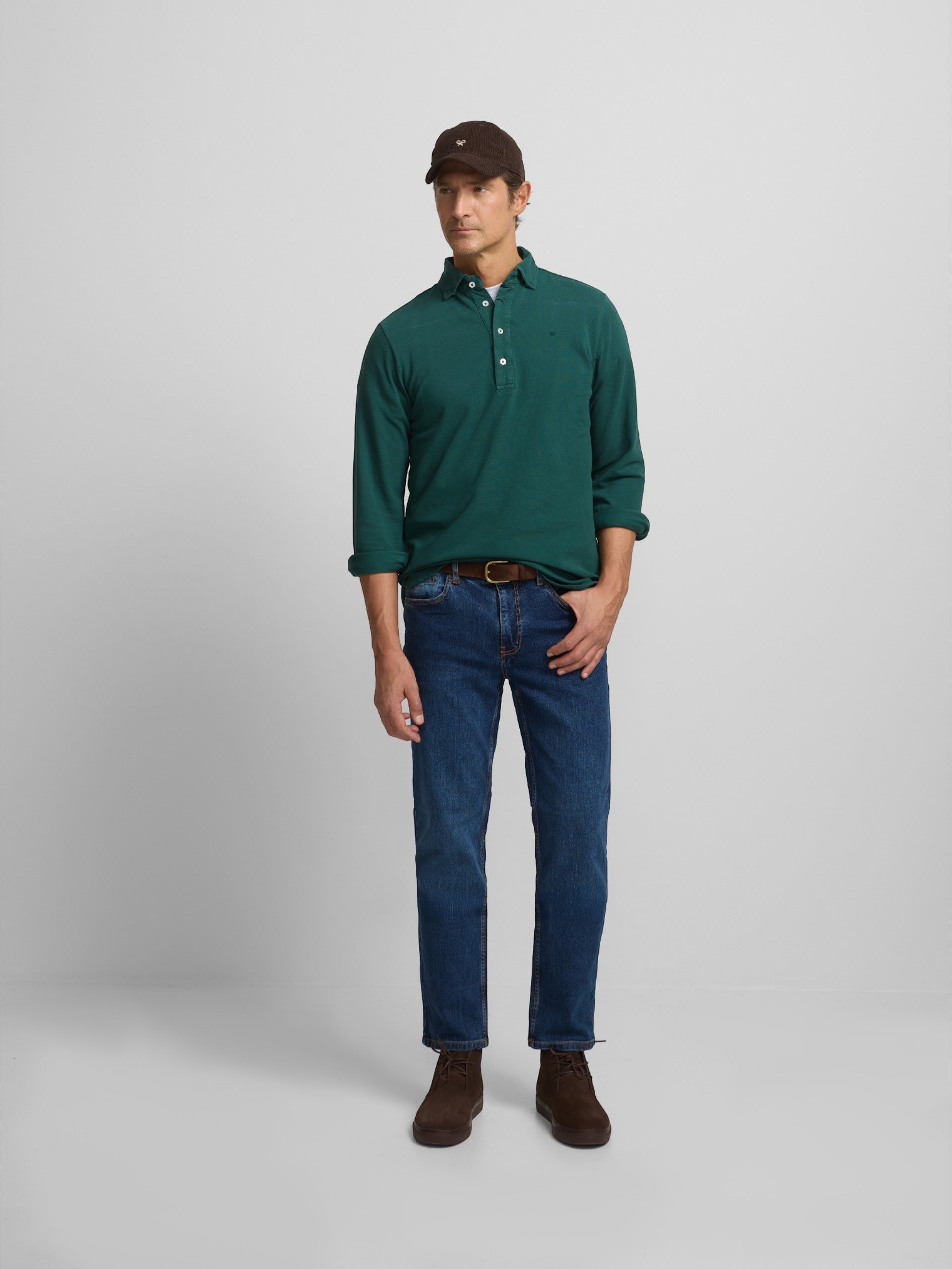 Polo liso de manga comprida verde escuro
