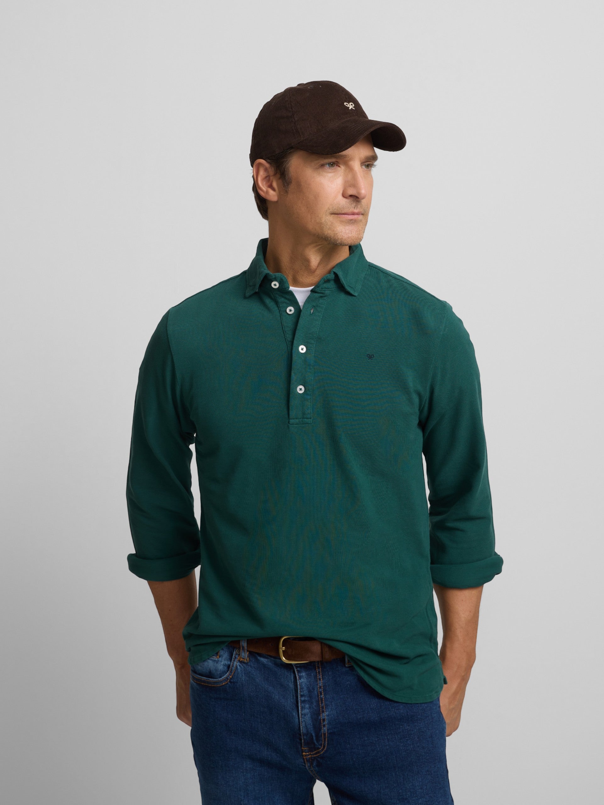 Polo liso de manga comprida verde escuro