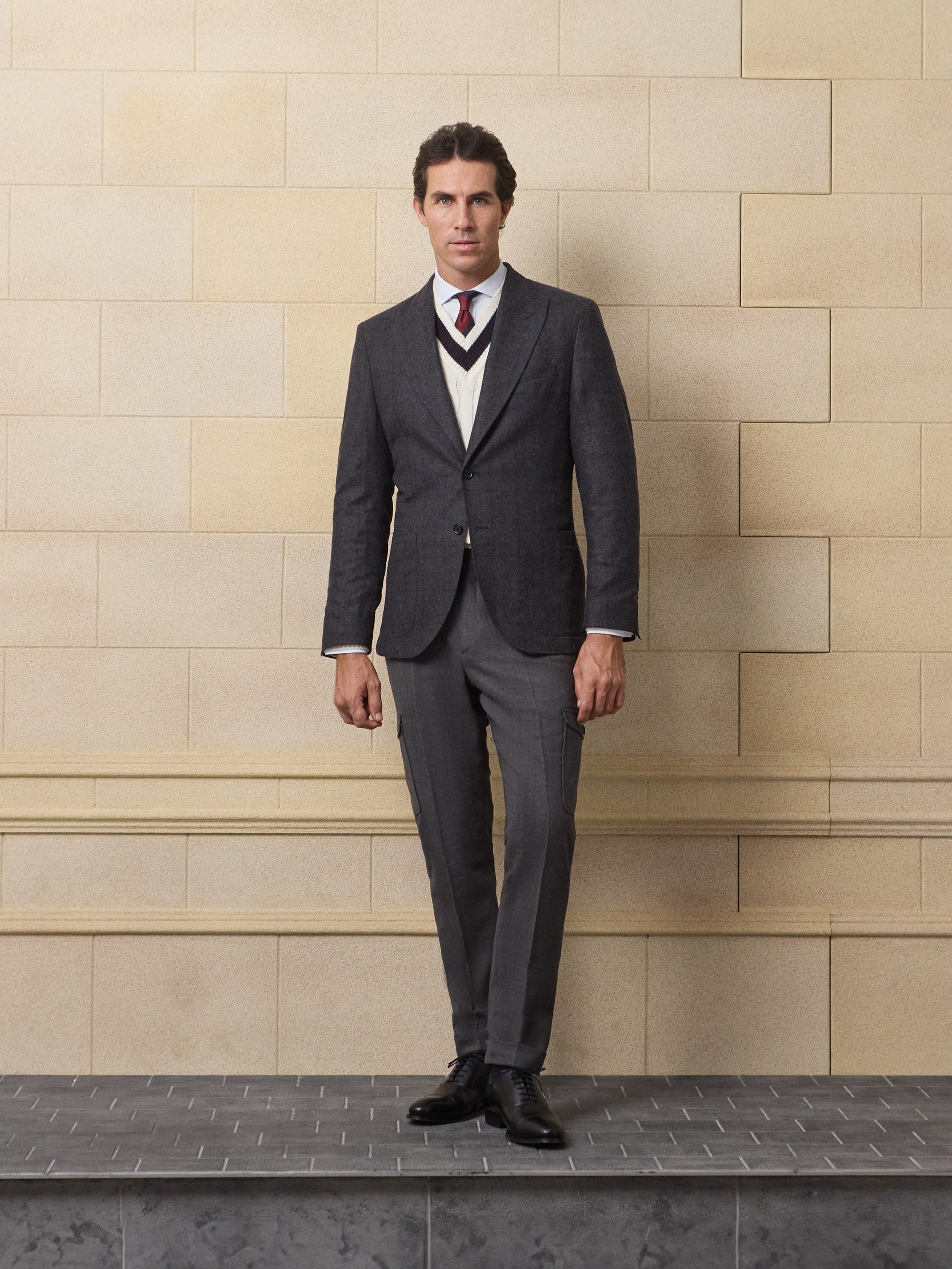 Unique Prince of Wales grey blazer with burgundy profile