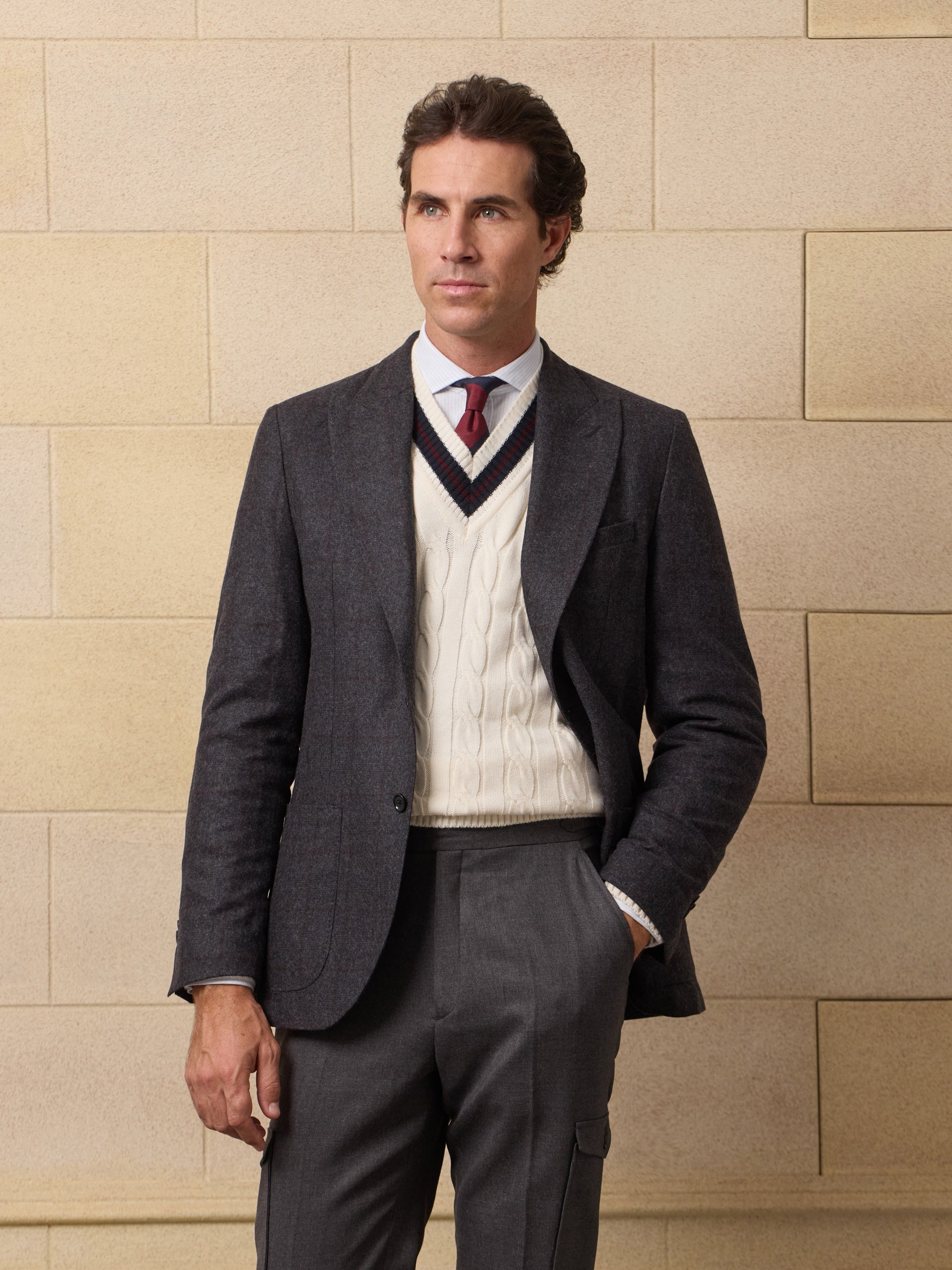 Unique Prince of Wales grey blazer with burgundy profile
