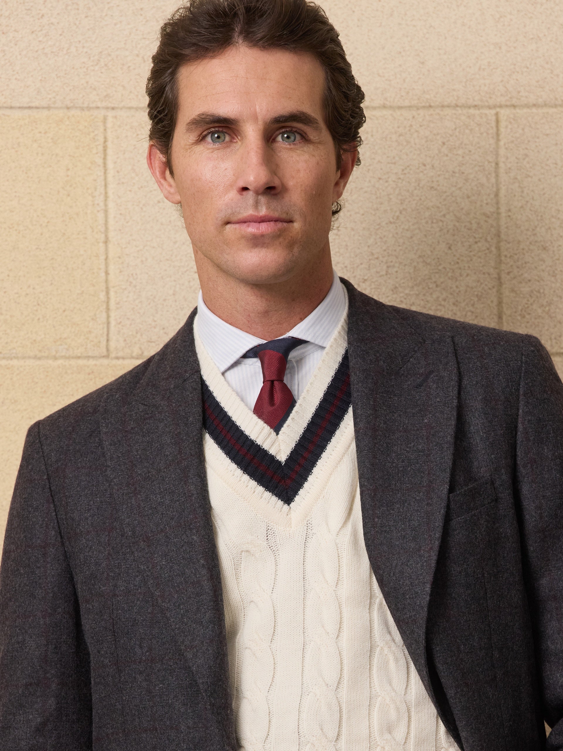 Unique Prince of Wales grey blazer with burgundy profile